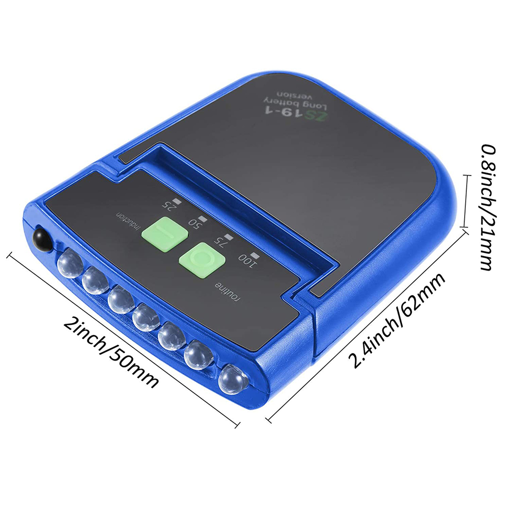 Blaue Stirnlampe mit sechs LED-Leuchten. Sie hat eine schwarze Oberseite mit Knöpfen und Maßen.