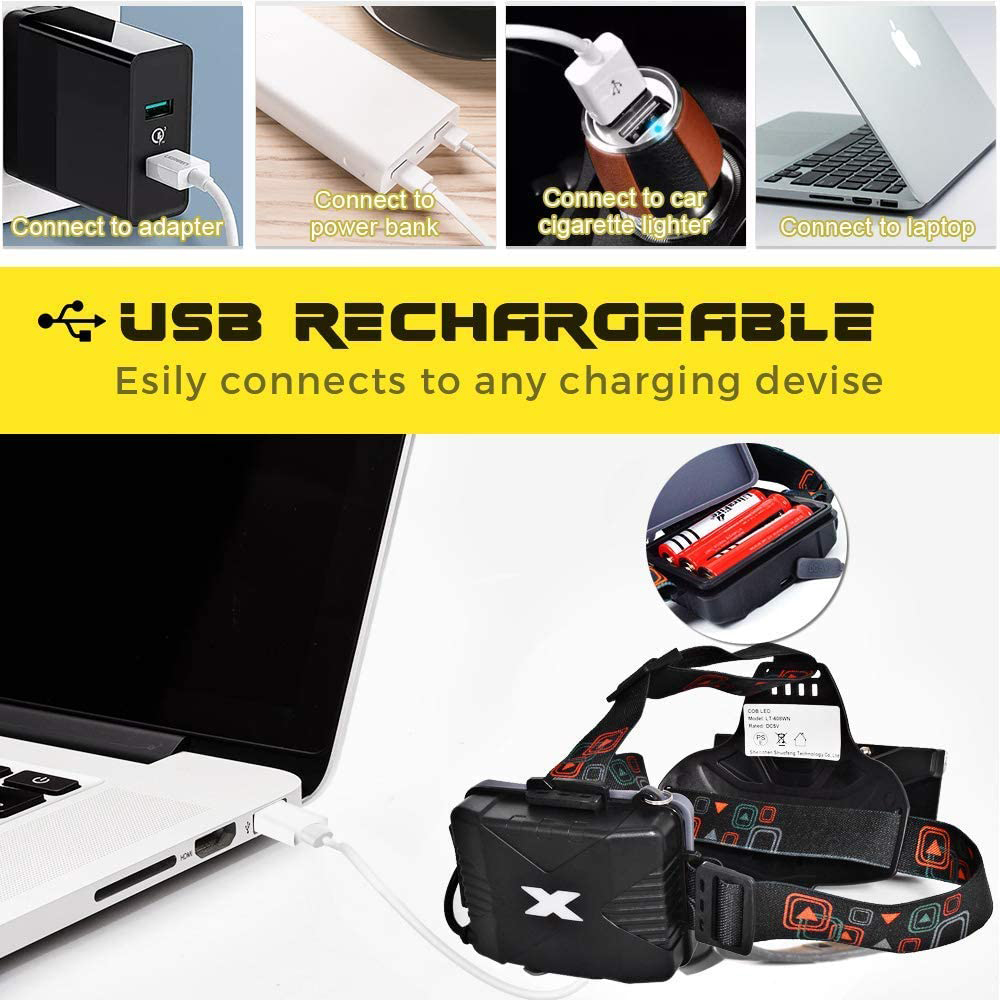 Aufladen der Stirnlampe. USB-aufladbar, Anschluss an Adapter, Powerbank, Autoladegerät und Laptop.