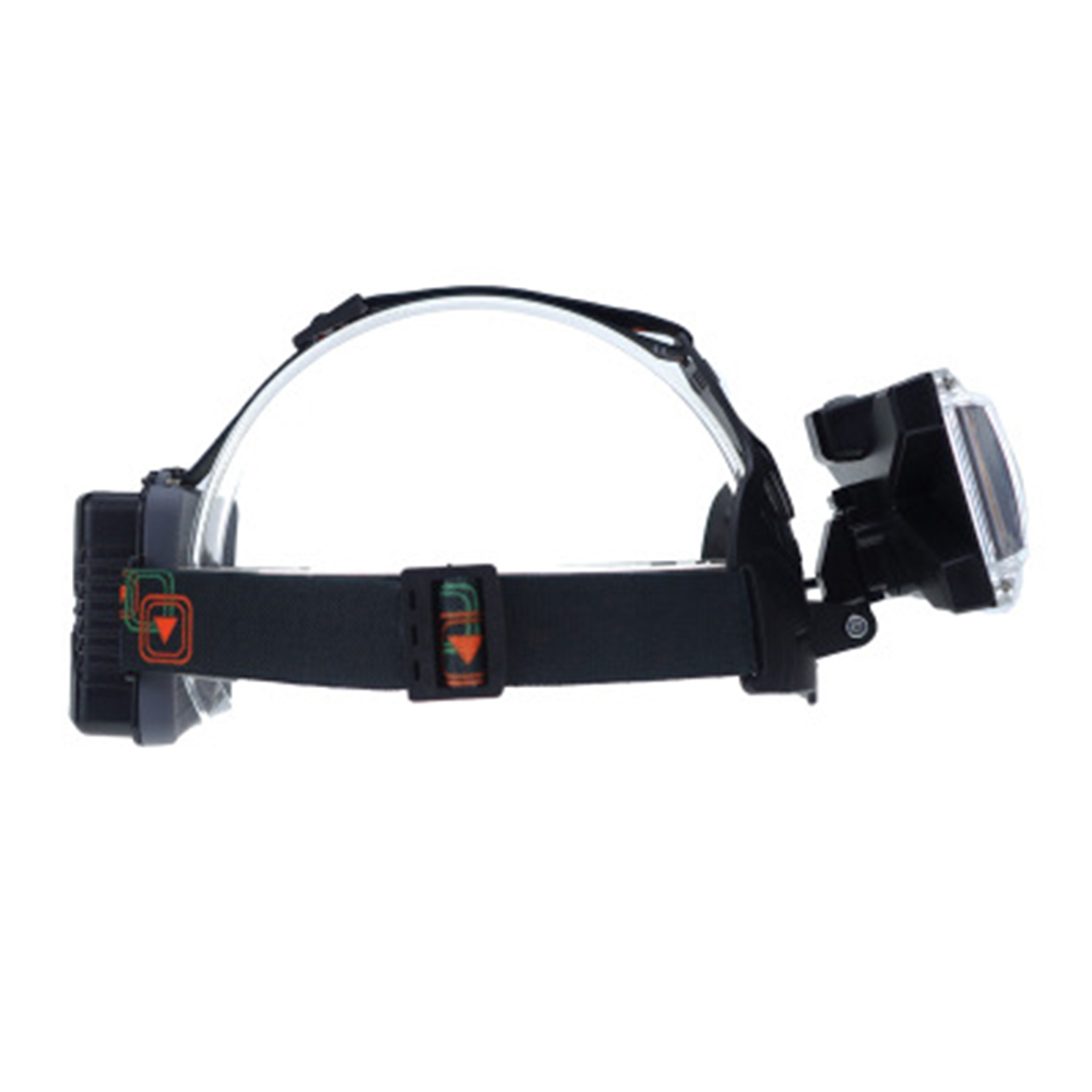 Schwarze Stirnlampe mit Riemen. Seitenansicht der Lampe und Batterie.
