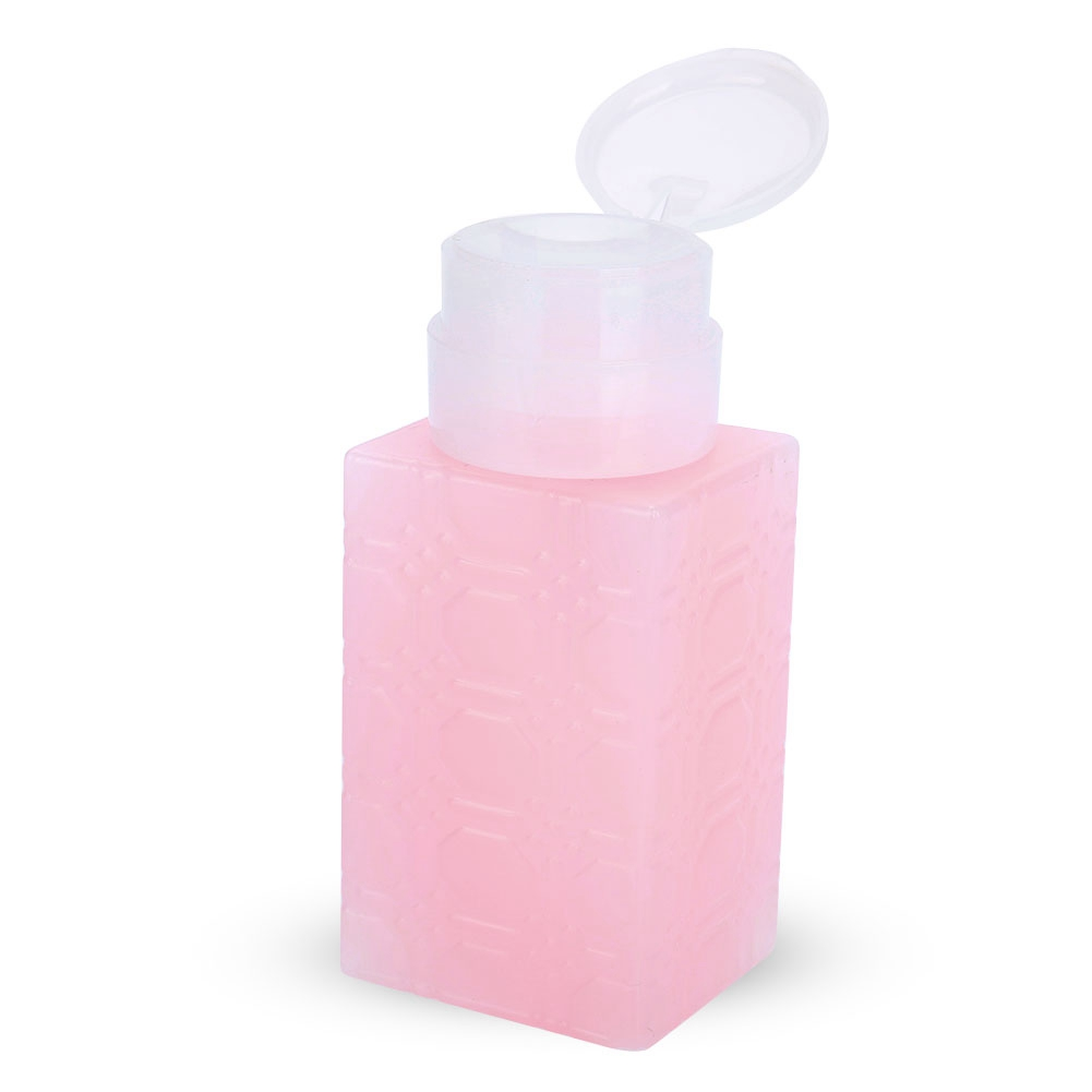 Rosa Flüssigkeitsspenderflasche mit weißem Deckel, der geöffnet werden kann. Die Flasche hat ein Muster.
