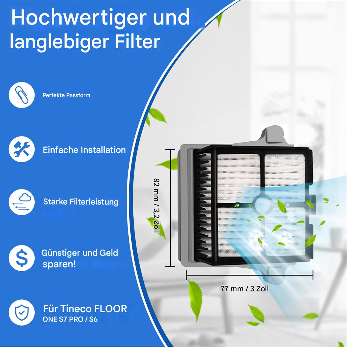 Staubsaugerfilter mit Abmessungen, Eigenschaften und Text.