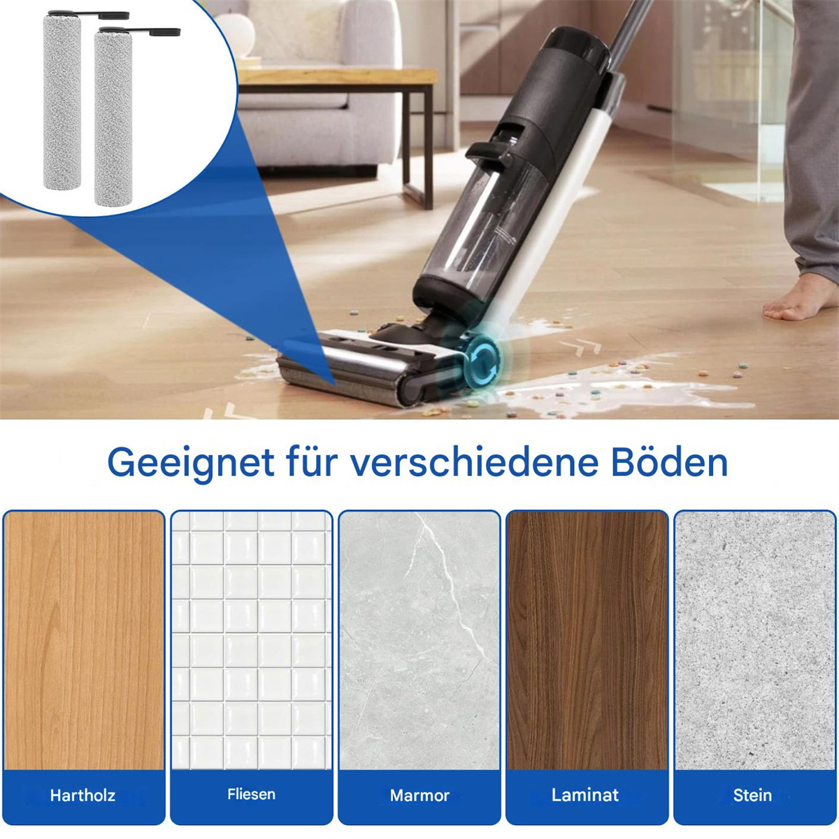 Staubsauger, der Holzboden reinigt, mit verschiedenen Bodentypen.