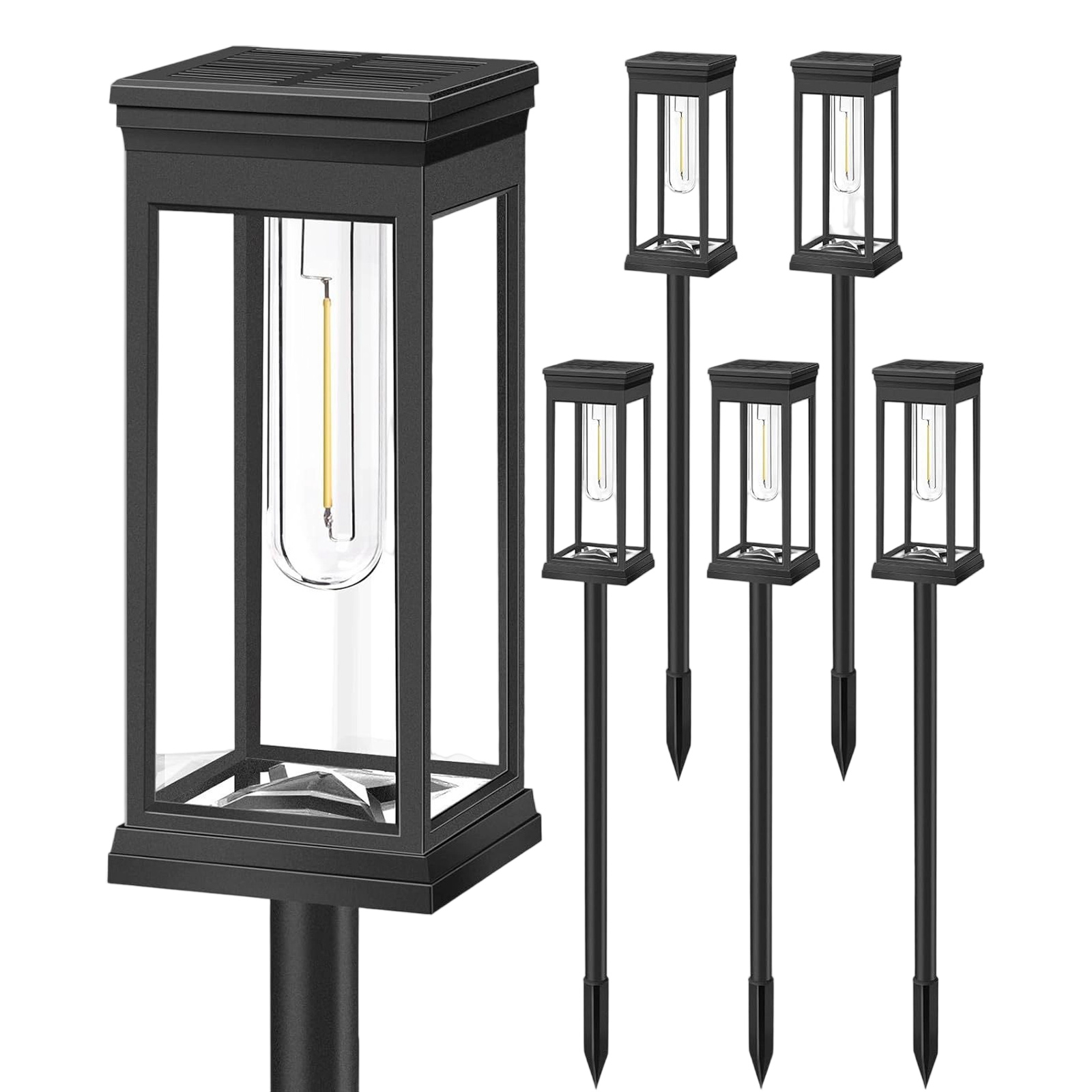 Sechs schwarze Solar-Gartenleuchten mit Glas und hohem Pfosten.