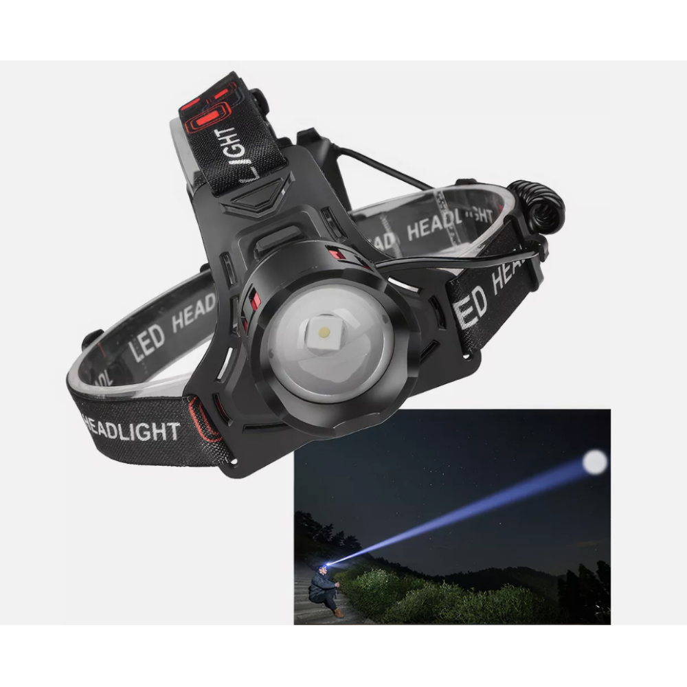Eine schwarze LED-Stirnlampe wird angezeigt, mit einem inset Bild, das ihren Lichtstrahl in dunkler Umgebung zeigt.