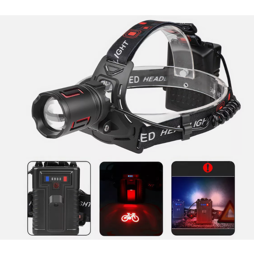 Schwarz-rote LED-Stirnlampe mit Akkupack und Warnhinweisen.