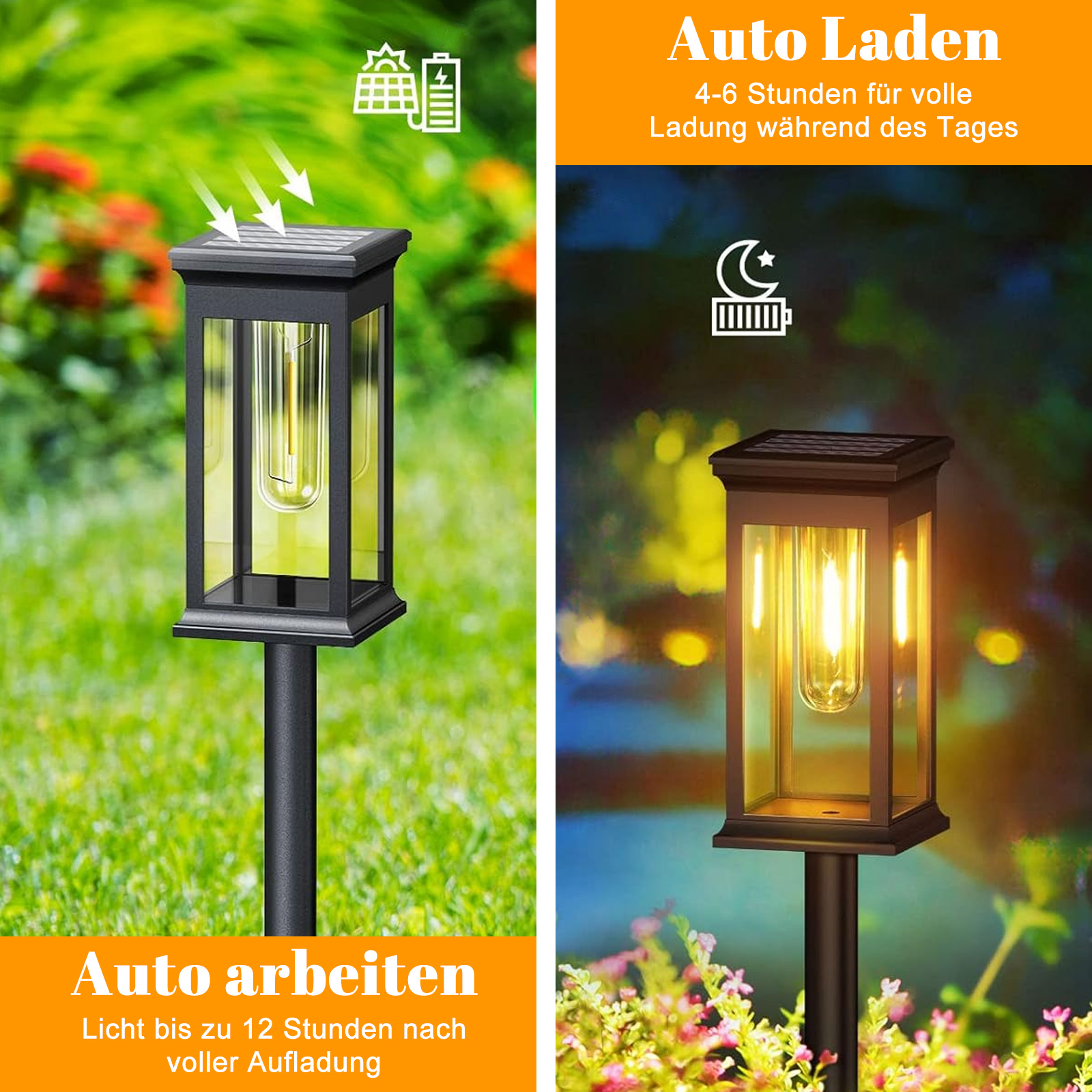 Eine Solar-Gartenleuchte wird gezeigt, mit Text, der angibt, dass sie sich im Sonnenlicht auflädt und 12 Stunden lang funktioniert.