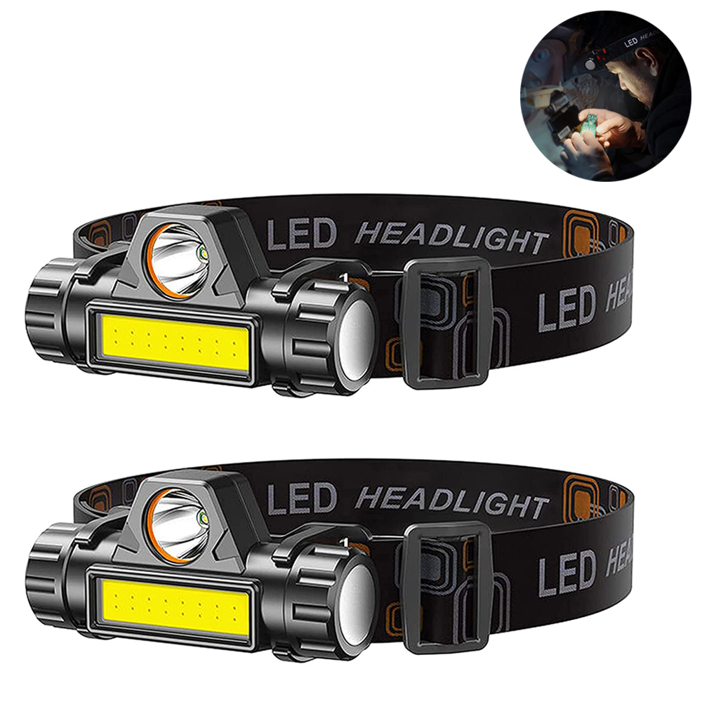 Zwei schwarze LED-Stirnlampen werden angezeigt, die die Lichtquelle und den Text 'LED HEADLIGHT' zeigen.