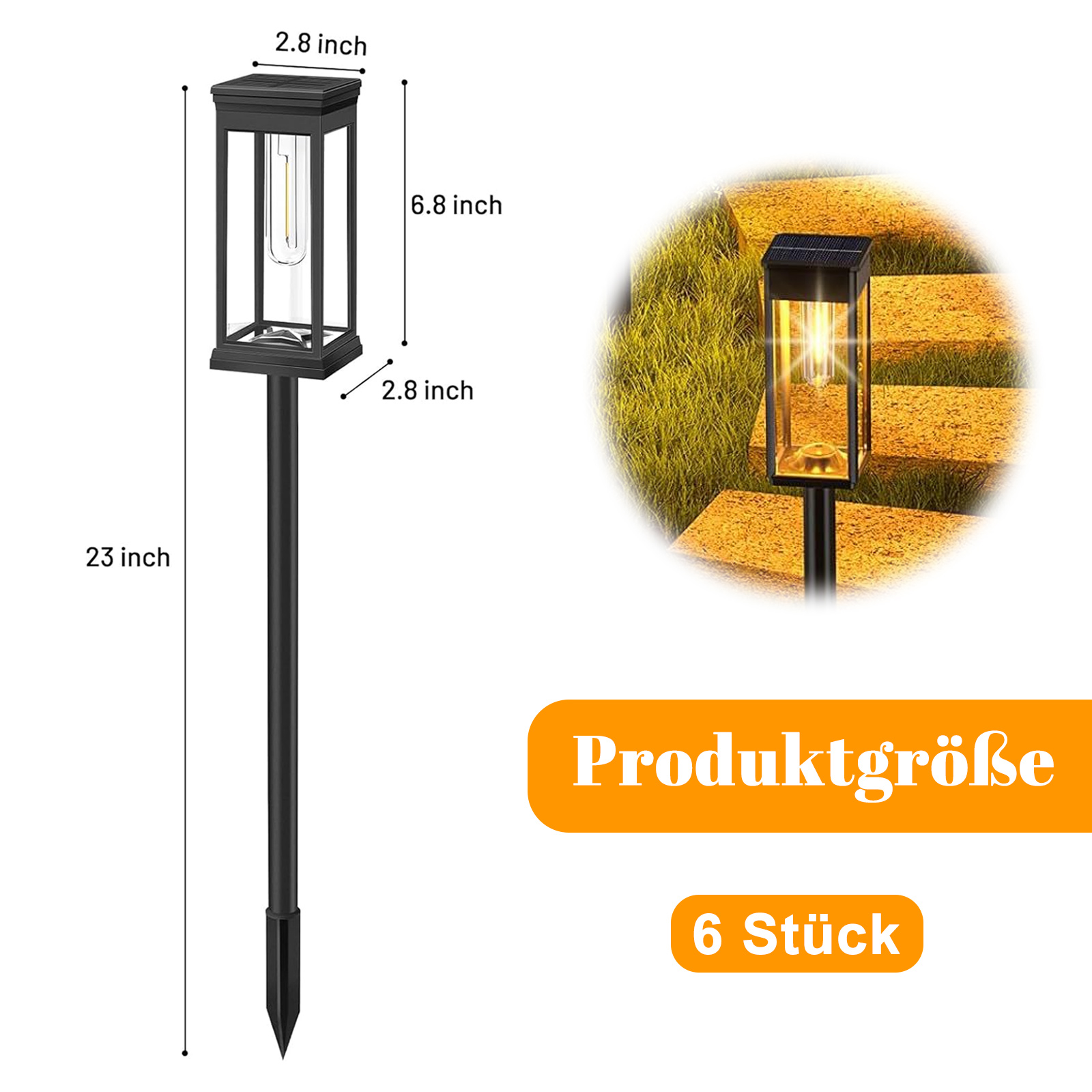 Eine Solar-Gartenleuchte wird zusammen mit ihren Abmessungen angezeigt: 2,8 x 6,8 x 2,8 Zoll und eine Menge von 6 Stück.