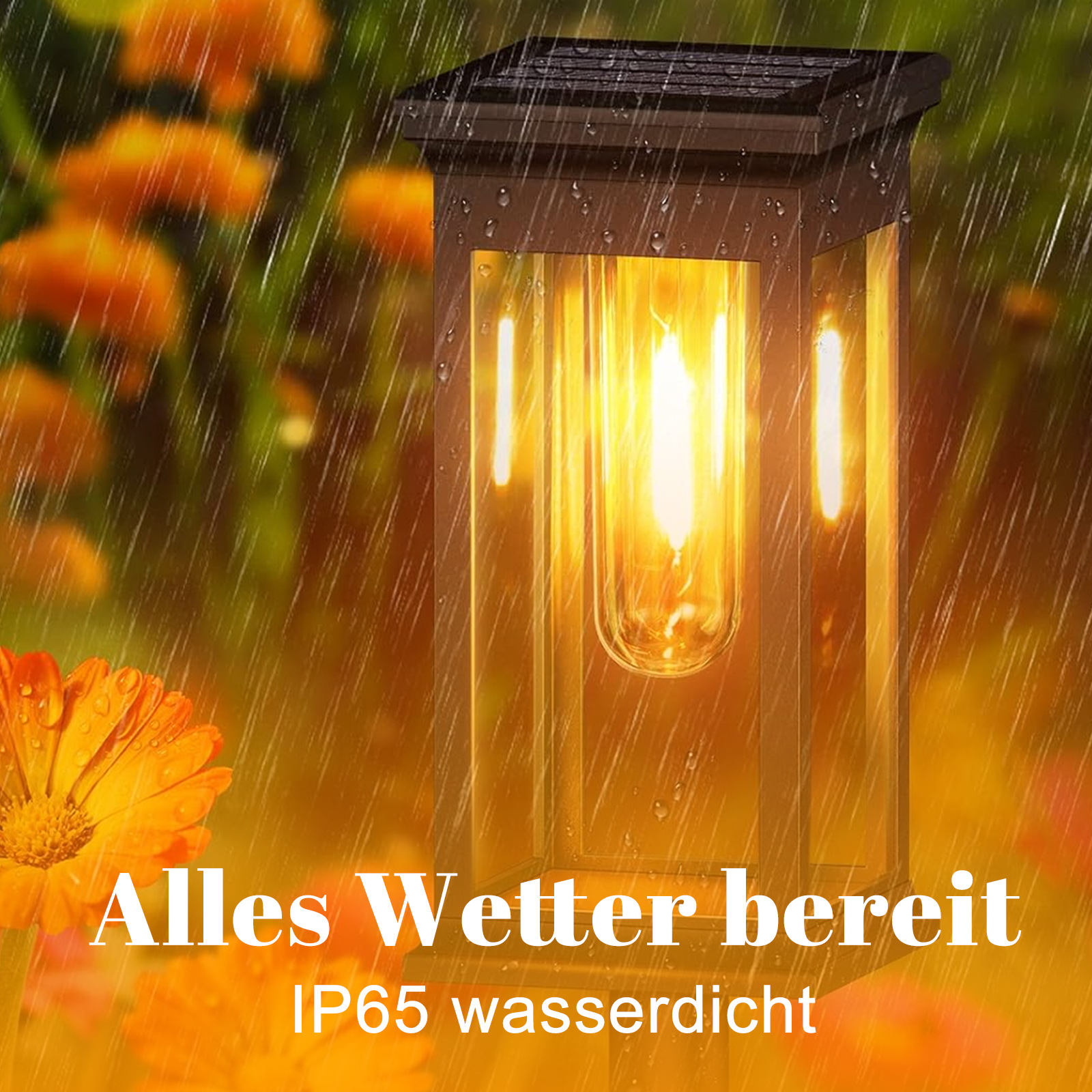 Eine solarbetriebene Außenlampe mit den Worten 'Alles Wetter bereit' (alles wetterfest) und IP65 wasserdicht.