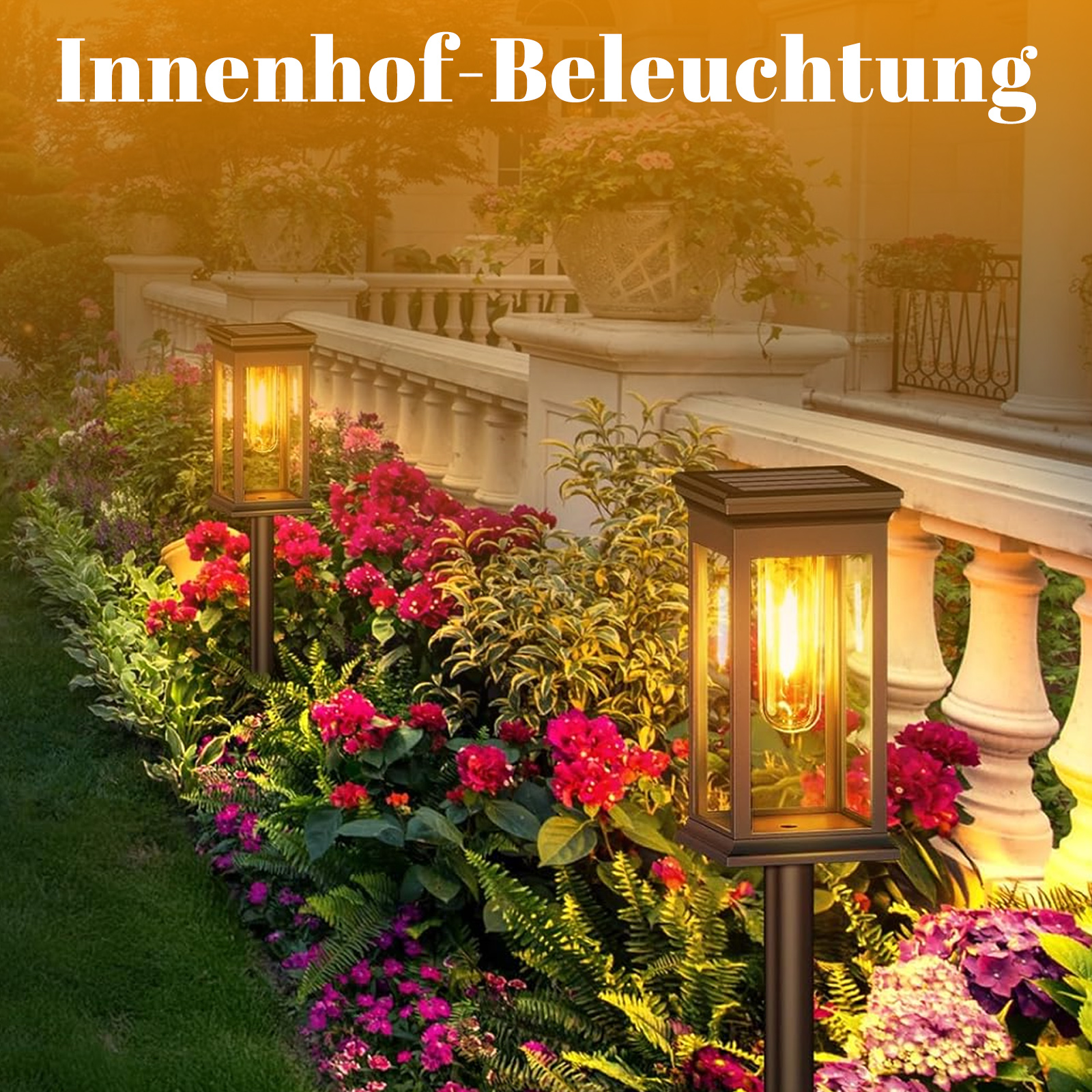 Zwei Außenlampen mit Lichtern. Der Hintergrund umfasst Pflanzen und den Text 'Innenhof-Beleuchtung' (Hofbeleuchtung).