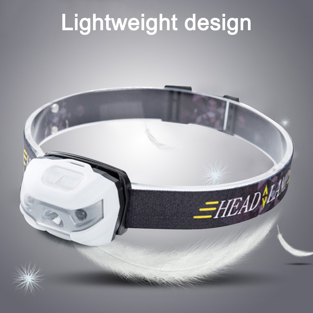 Stirnlampe mit weißem Licht auf einem Riemen. Weiße Federn schweben herum. Text: Leichtes Design.