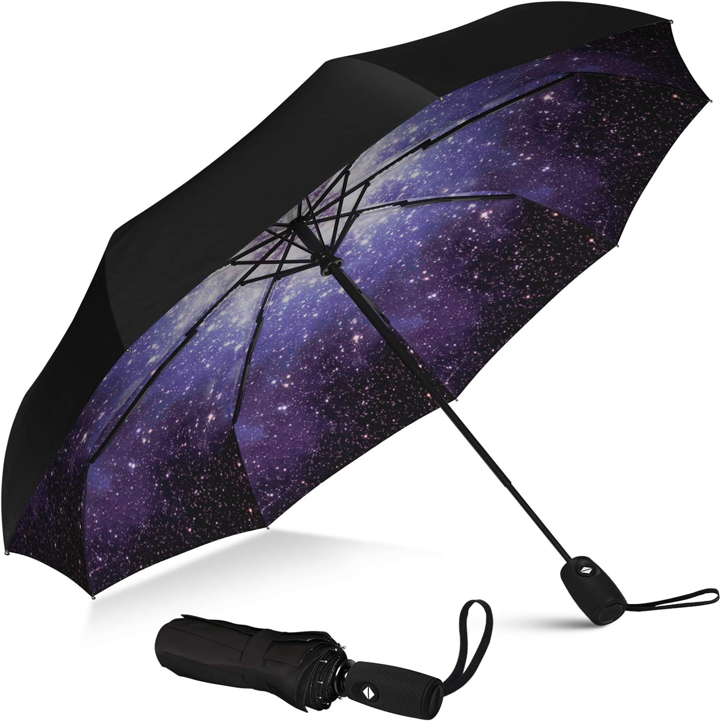 Offener schwarzer Regenschirm mit Galaxiemuster und ein geschlossener Schirm.