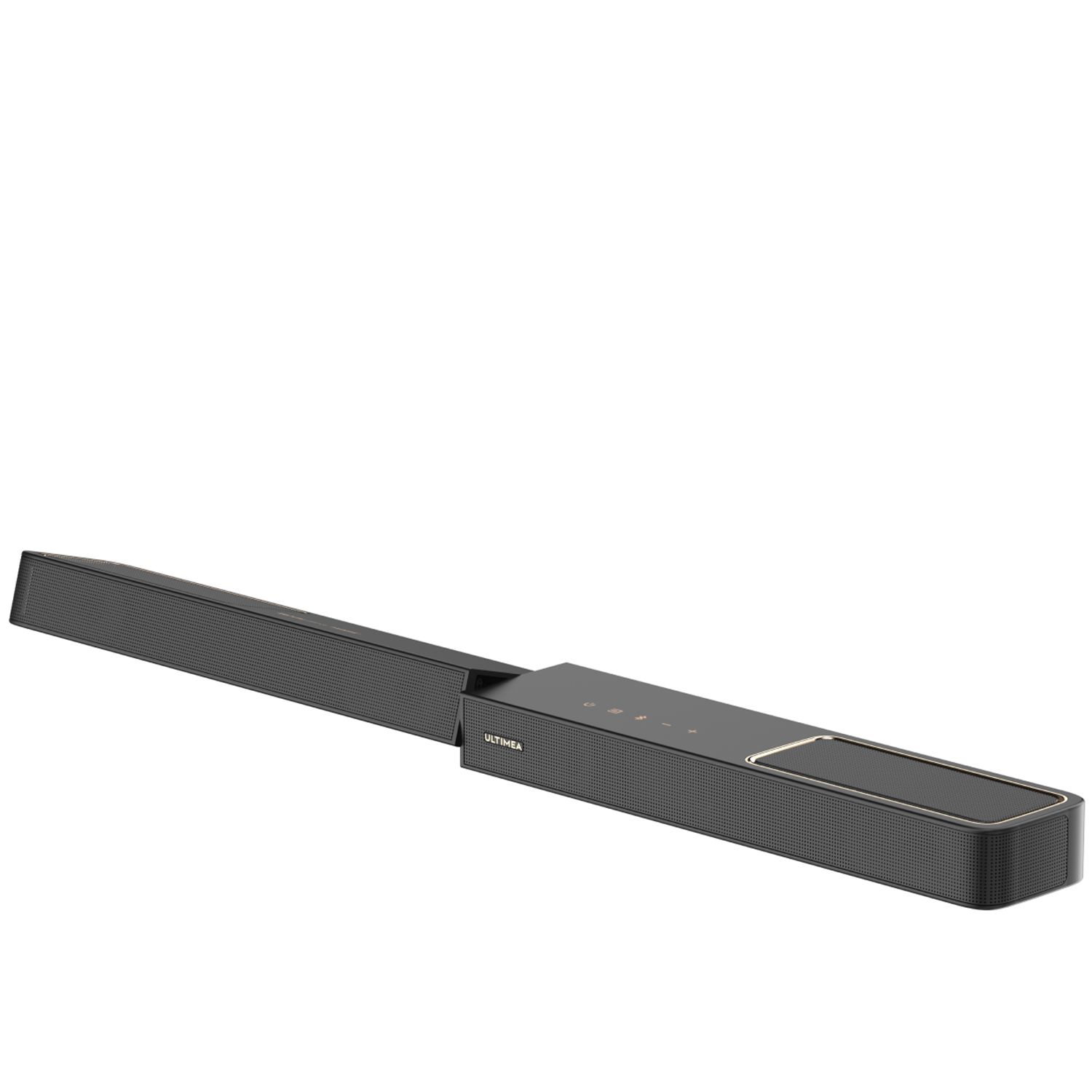 Schwarze Soundbar mit goldenen Akzenten auf weißem Hintergrund.