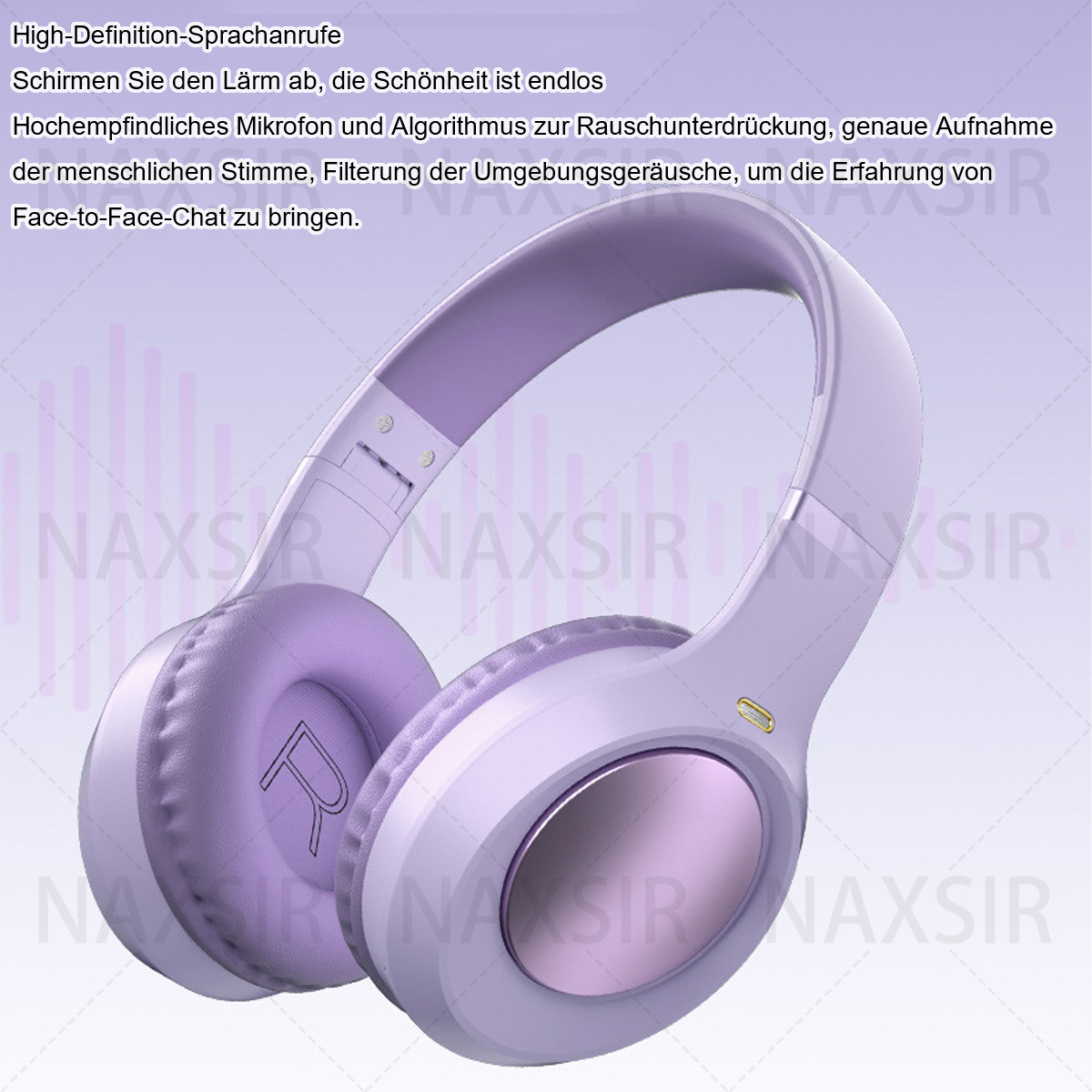 Ein Paar lila und graue Kopfhörer. Die Kopfhörer sind Over-Ear-Stil, mit metallischem Akzent.