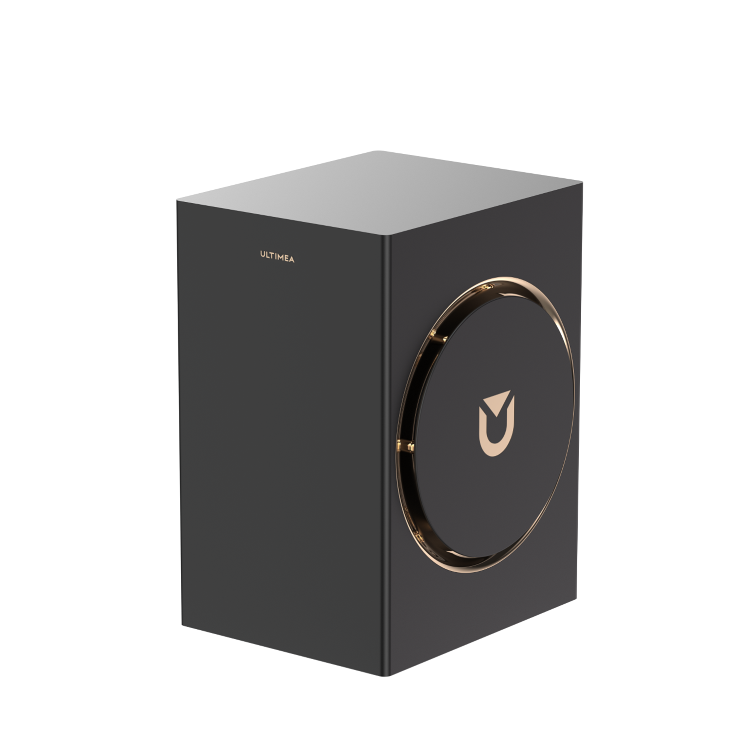 Ein schwarzer Subwoofer-Lautsprecher mit einem goldenen Kreis auf weißem Hintergrund. Der Text Ultimea und der Buchstabe U.