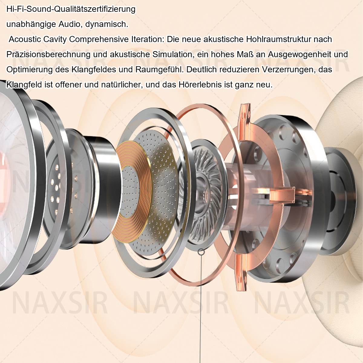 Detaillierte interne Komponenten eines Kopfhörers. Drähte, Magnete und andere Teile sind sichtbar. Logo gezeigt.