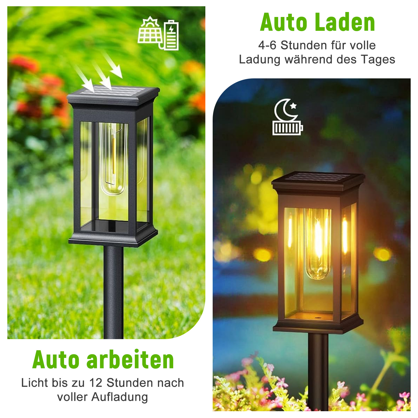 Zwei solarbetriebene Lichter auf einem grünen Rasen. Text: Auto Laden und Auto arbeiten. Die Lichter sind schwarz.