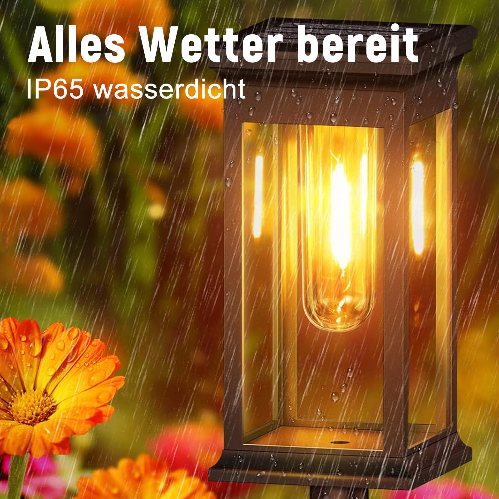 Eine beleuchtete Laterne mit Glasabdeckung und Text darüber. Im Hintergrund sind orangefarbene Blumen.