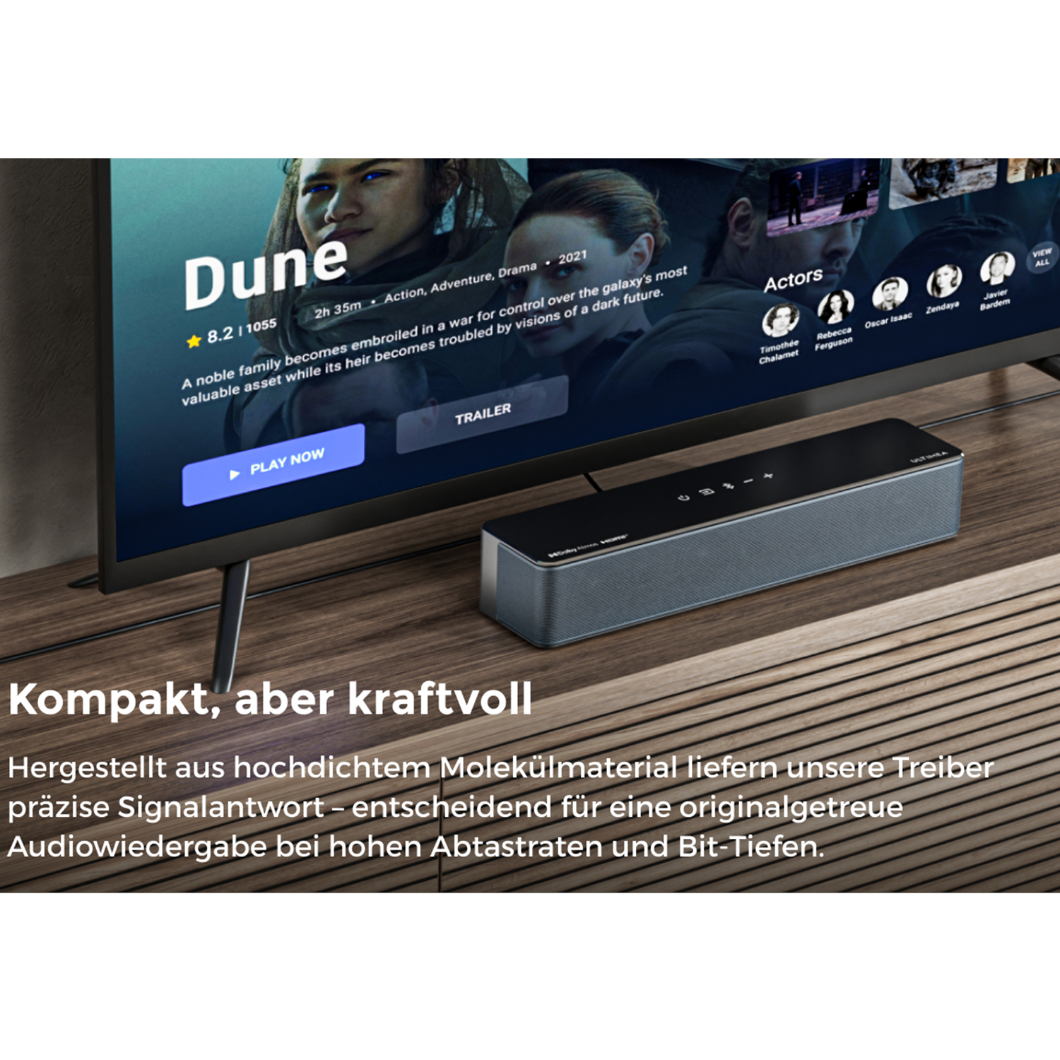 Ein Fernsehbildschirm mit einem Film und Schauspielern. Unter dem Fernseher befindet sich eine Soundbar.