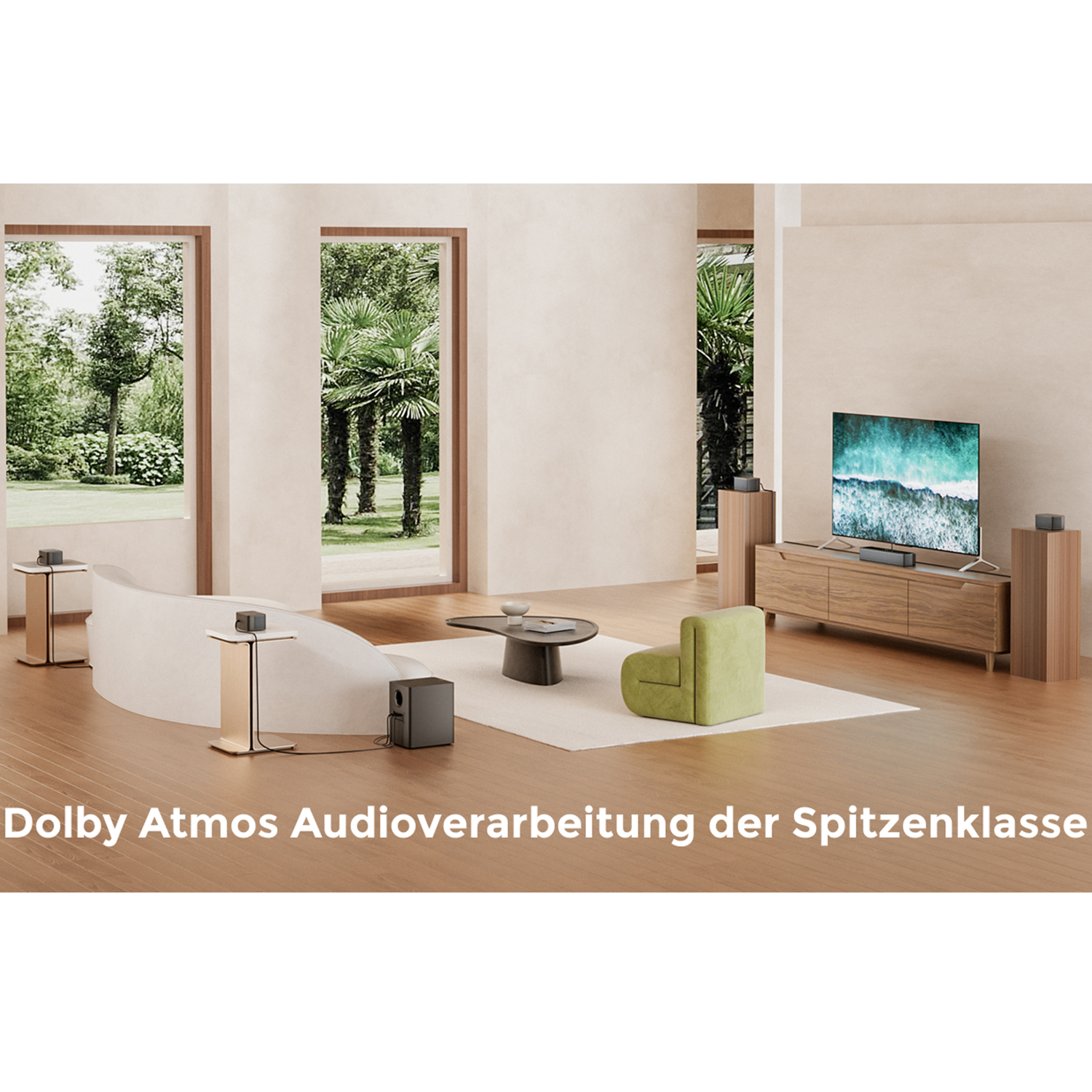 Ein Wohnzimmer mit Fernseher und Lautsprechern. Der Raum hat moderne Möbel und Dekor.