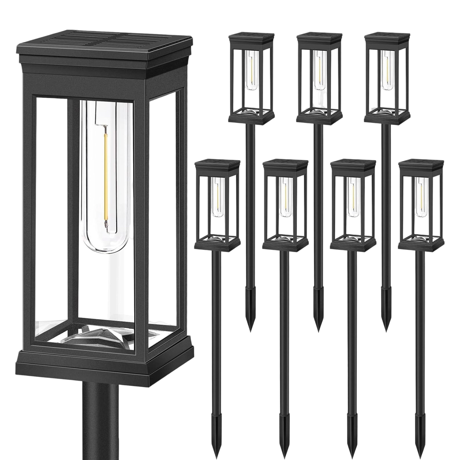 Mehrere schwarze Solargartenleuchten, jede mit einem schwarzen Rahmen und einem klaren Glasteil.