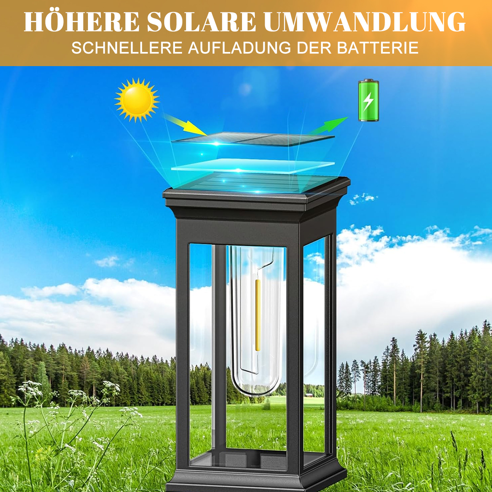 Eine solarbetriebene Außenlampe mit einer Sonne-Illustration und Text über das Aufladen des Akkus.