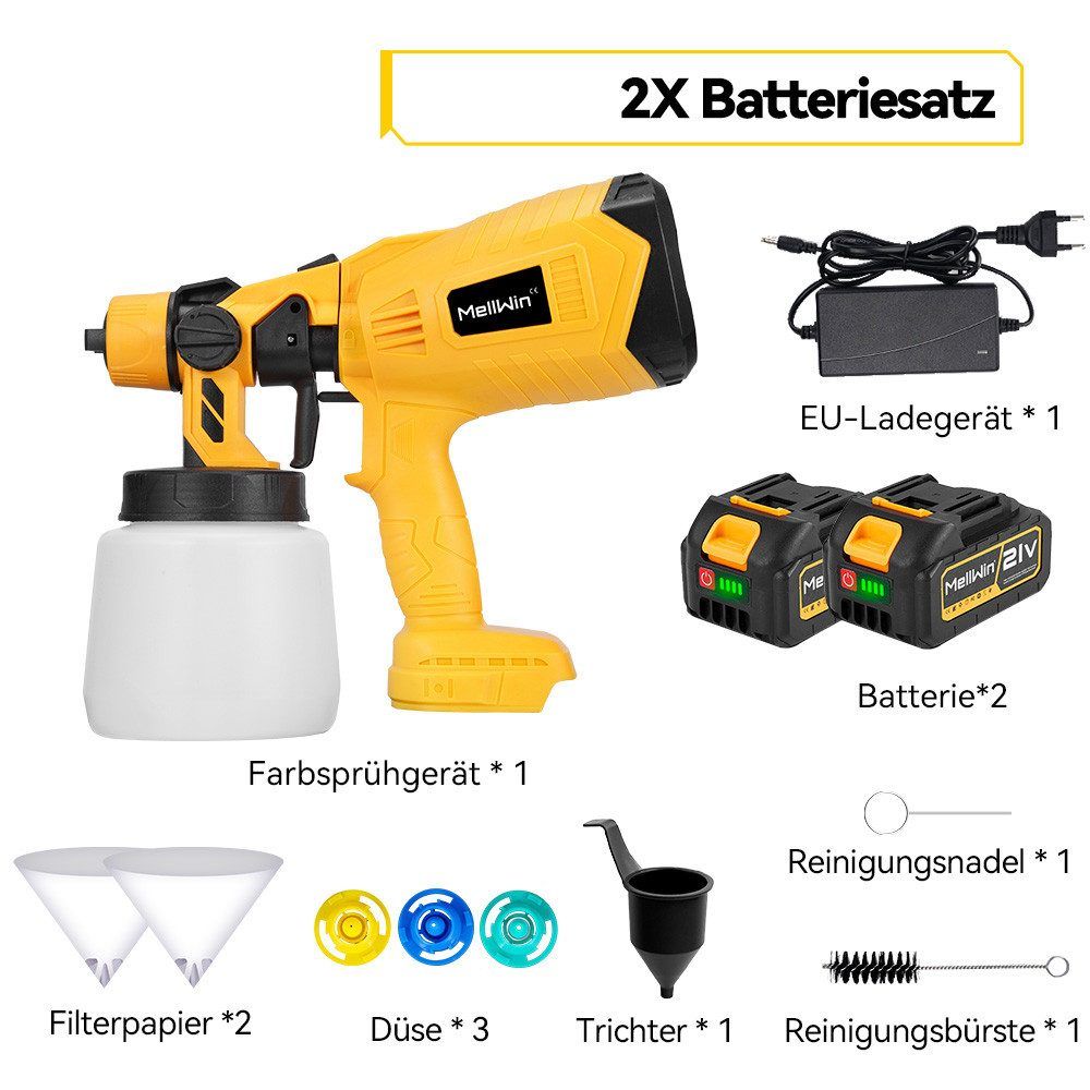 Eine gelbe Farbspritzpistole mit zwei Batterien, Ladegerät und Zubehör. Der Text ist "Mellwin".