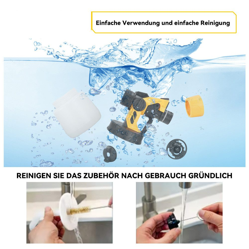 Ein Bild, das zeigt, wie man ein Farbspritzgerät reinigt. Der Text ist "REINIGEN SIE DAS ZUBEHÖR NACH GEBRAUCH GRÜNDLICH".
