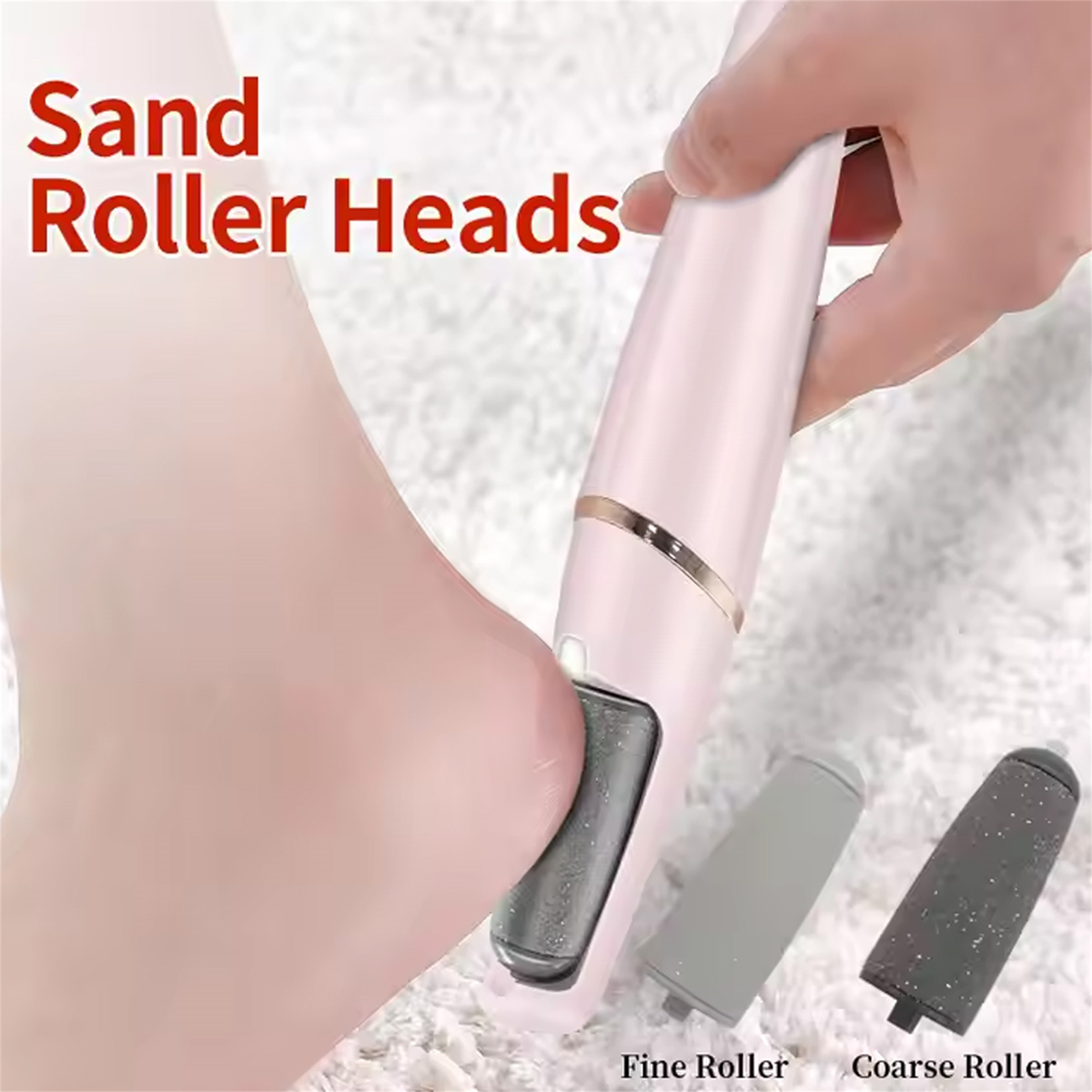 Eine Hand verwendet ein Fußpflegegerät an einem Fuß, mit feinen und groben Rollen sichtbar.