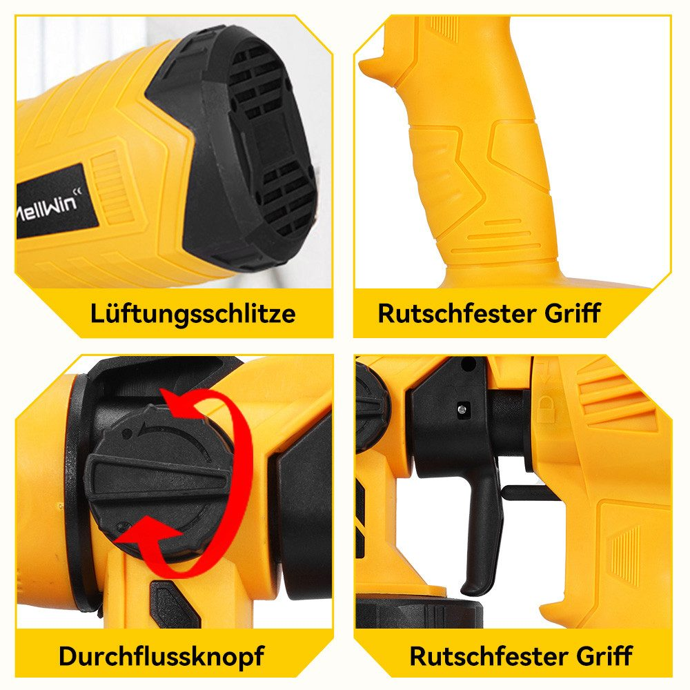 Nahaufnahmen einer gelben Farbsprühpistole. Zeigt die Luftschlitze, den Griff und Details des Durchflussknopfes.