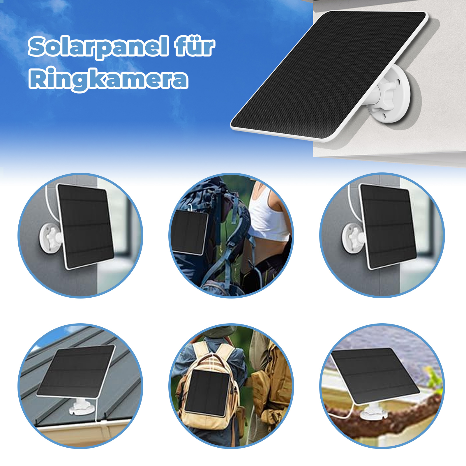 Solarpanel mit Montageoptionen, Text: 'Solarpanel für Ringkamera'.