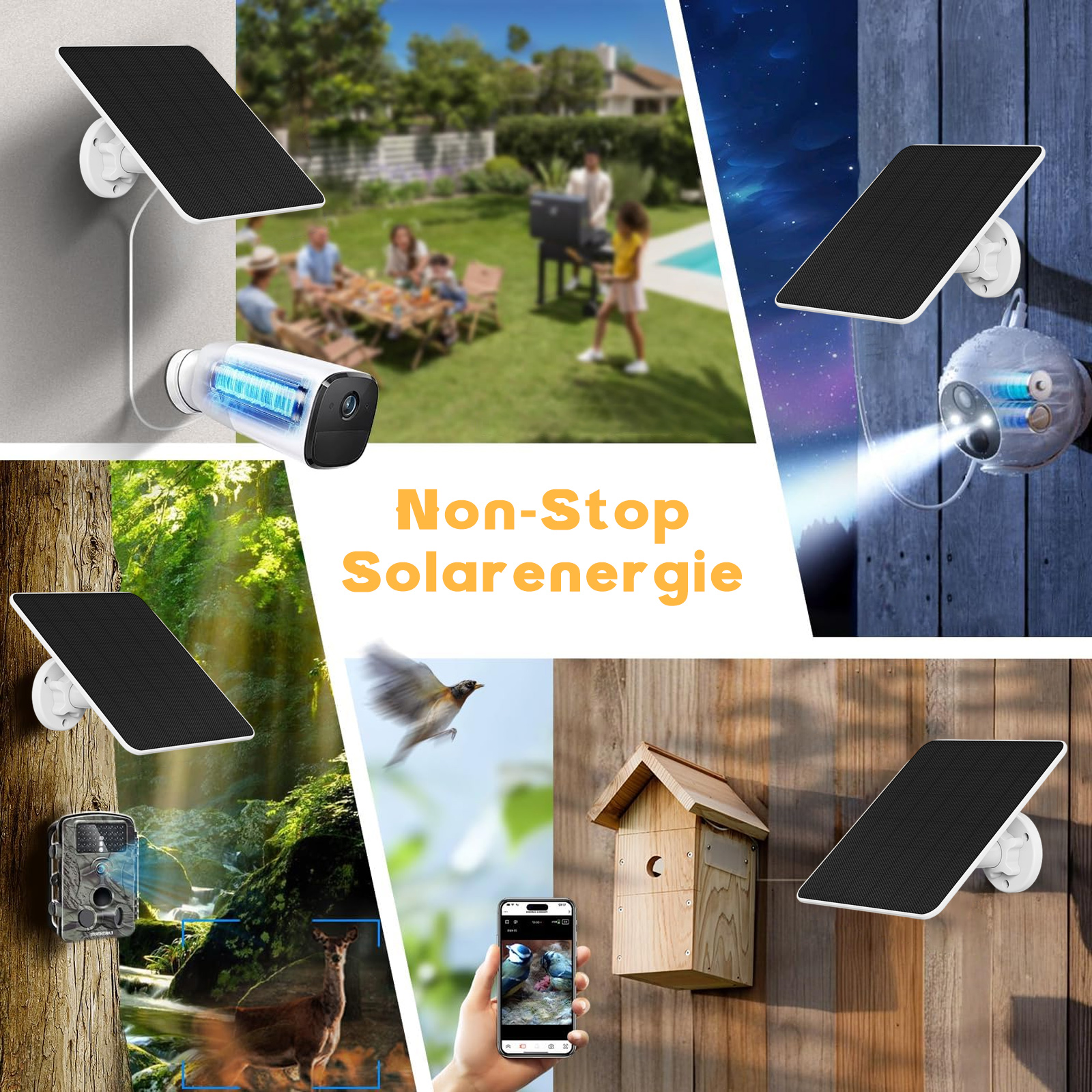 Eine Collage von Solarpanelen mit Überwachungskameras. Szenen umfassen ein Familien-BBQ, einen Vogel im Flug und ein Reh.