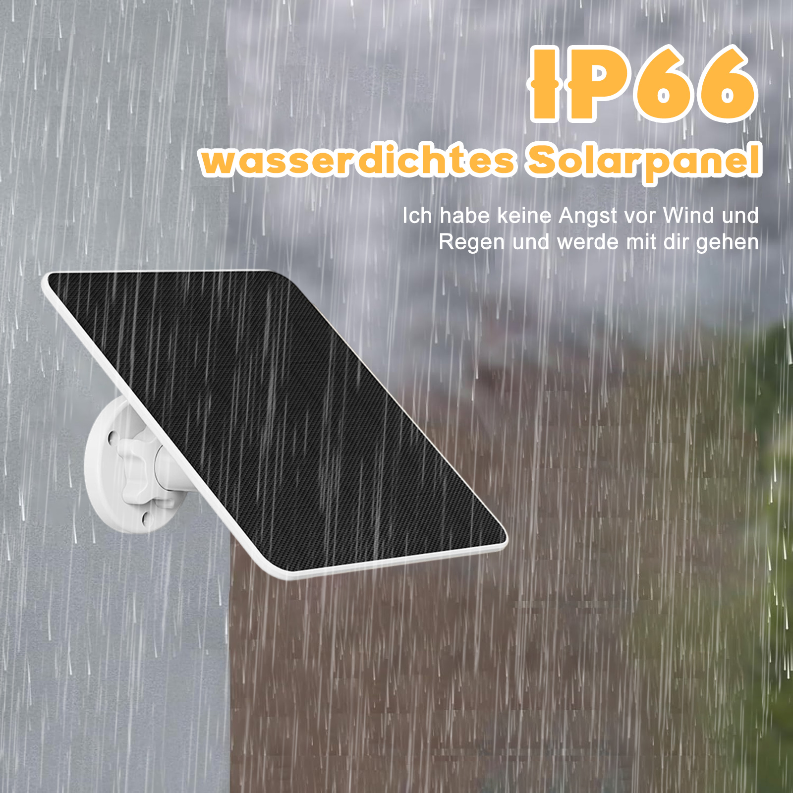 Ein Solarpanel mit Überwachungskamera ist an einer Wand befestigt, Regen fällt. Text besagt, dass es wasserdicht ist.