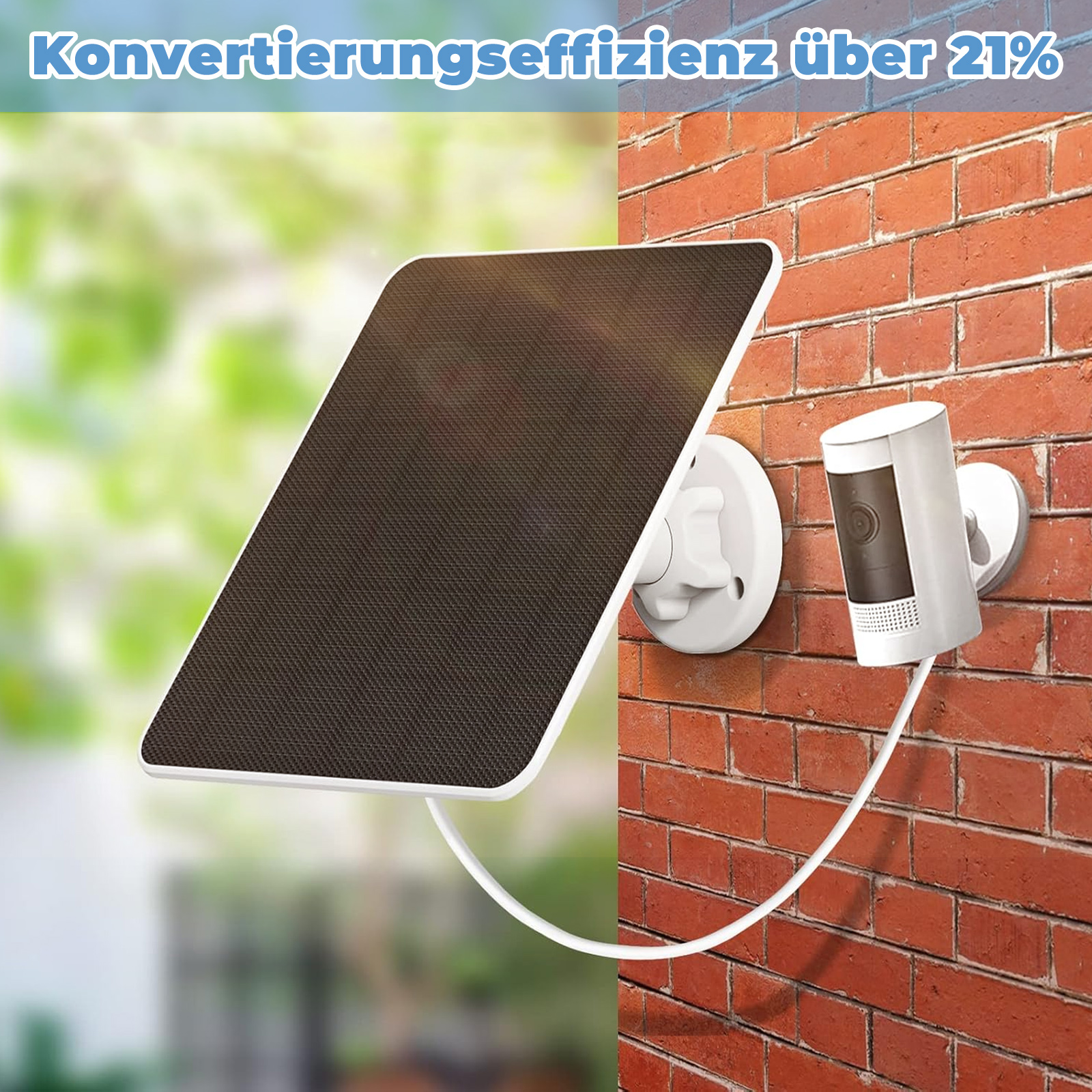 Ein Solarpanel ist an einer Ziegelmauer befestigt und mit einer Überwachungskamera verbunden. Text zeigt über 21 % Effizienz.