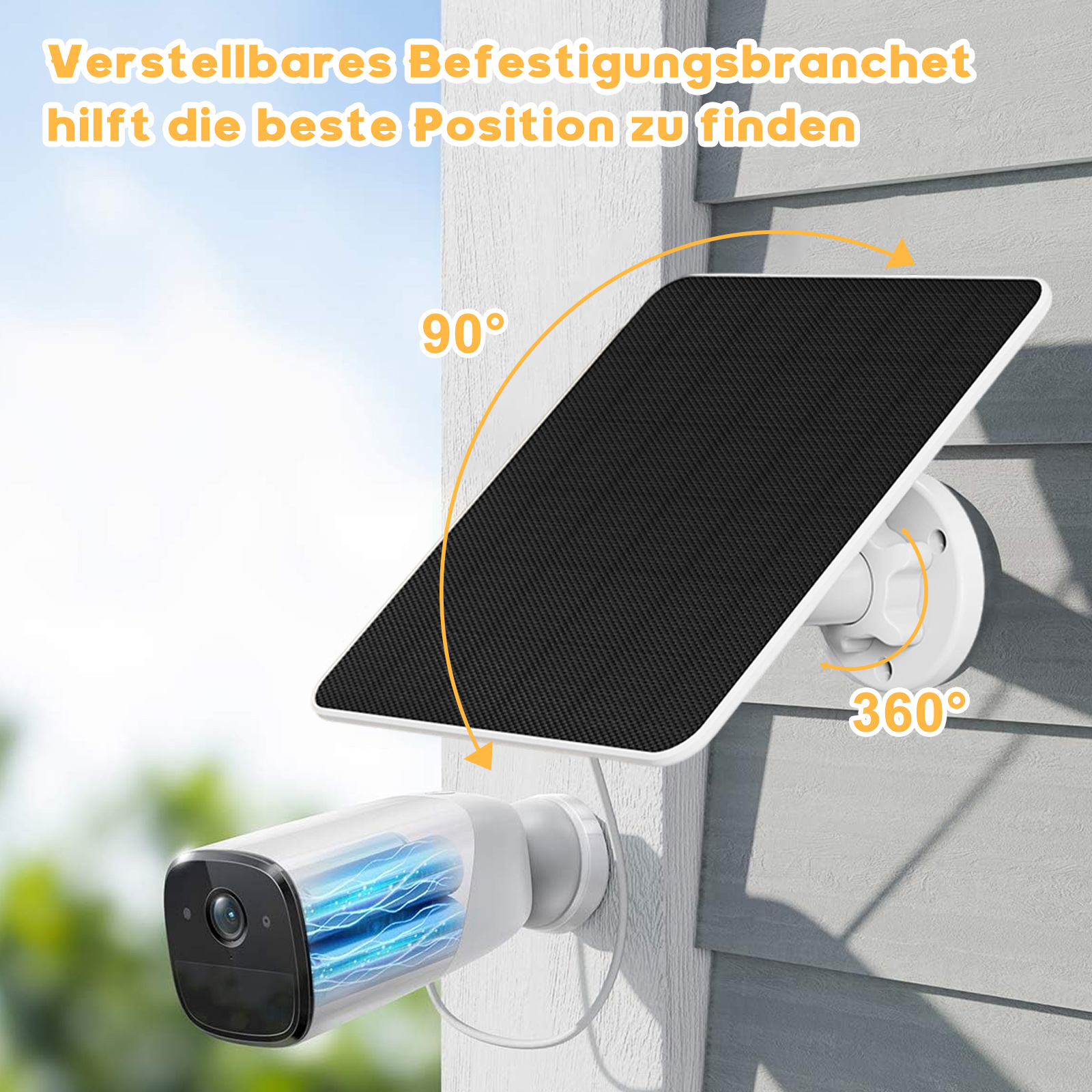 Ein Solarpanel und eine Überwachungskamera an der Wand, mit Pfeilen, die 90 und 360 Grad Anpassung zeigen.