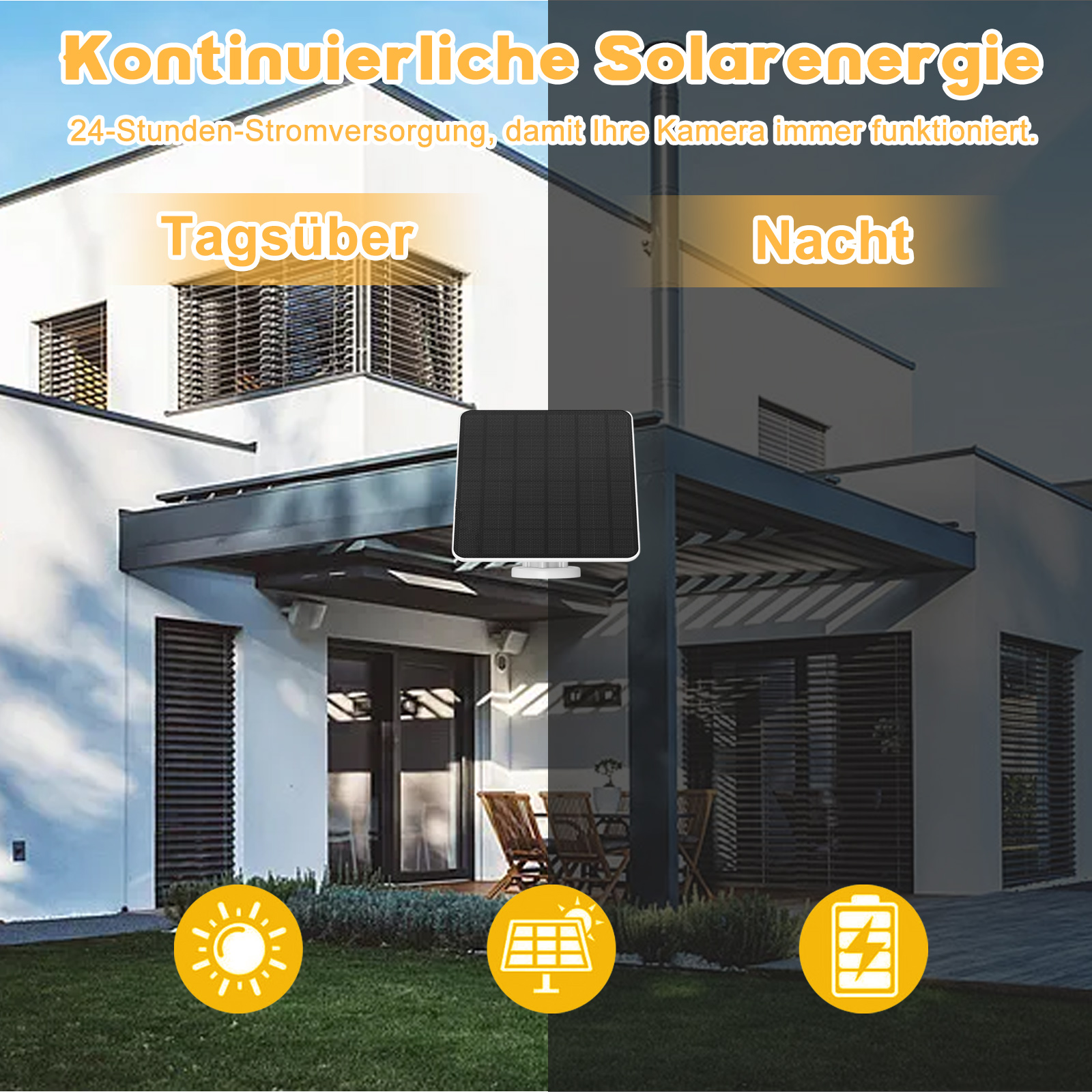 Ein Haus wird mit einem Solarpanel gezeigt. Das Bild ist in Tages- und Nachtansichten unterteilt.