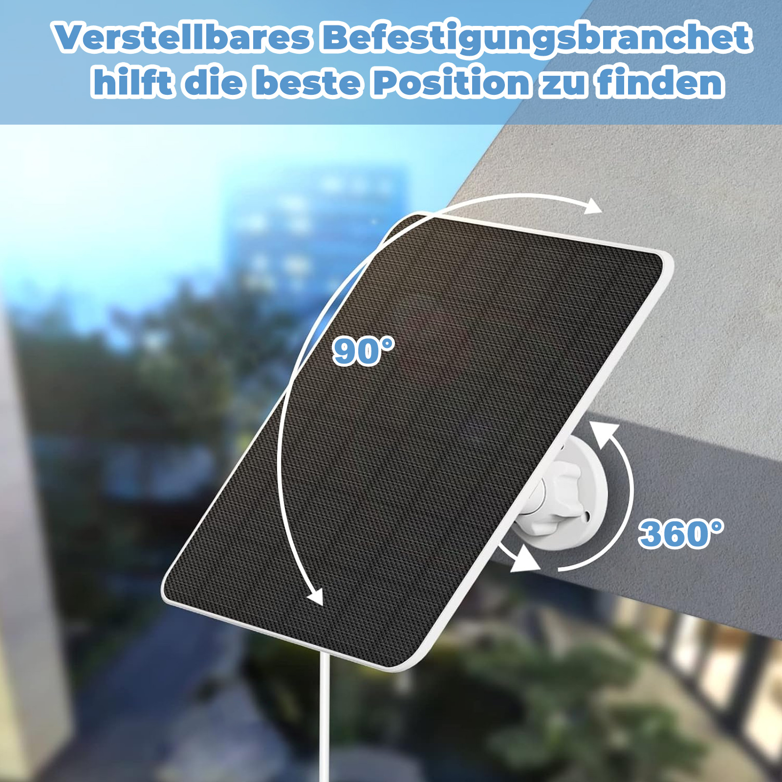 Ein Solarpanel und eine Überwachungskamera sind an einer Wand montiert. Pfeile zeigen 90 und 360 Grad Einstellung.
