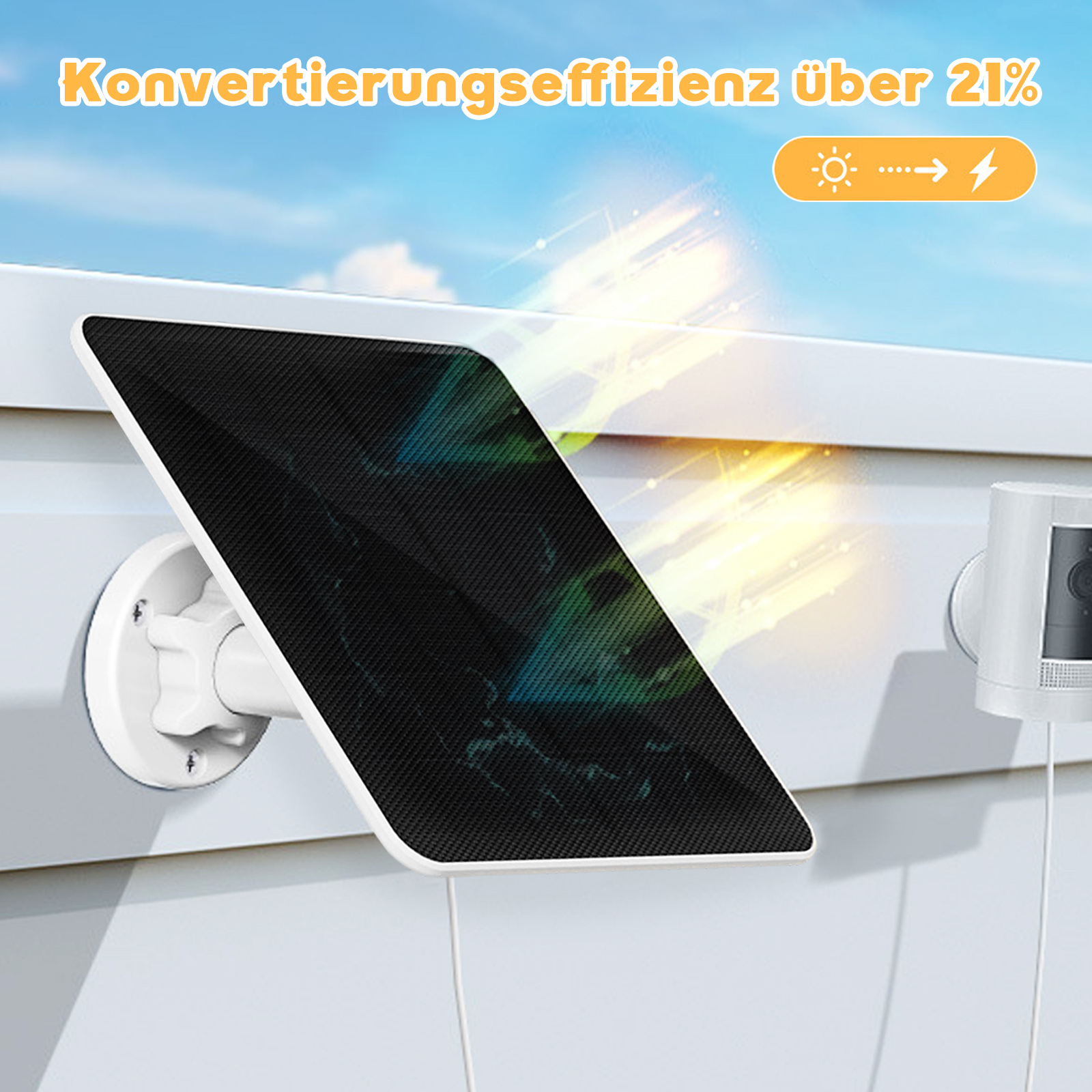 Ein Solarpanel und eine Überwachungskamera sind an einer weißen Wand montiert. Text zeigt über 21 % Effizienz.