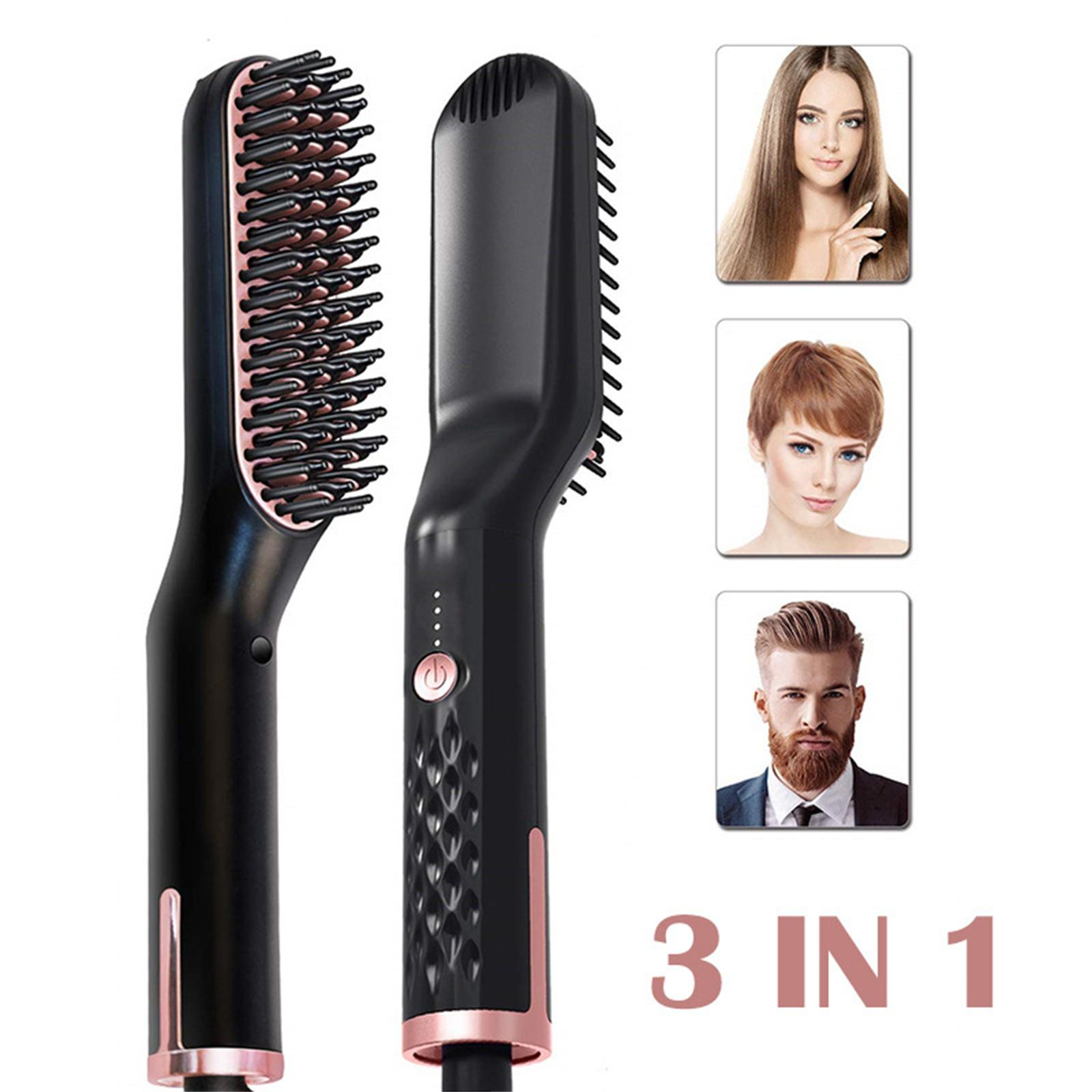 Schwarz-rosa 3-in-1-Haarstyler mit Bildern verschiedener Frisuren: glatt, kurz und Bart.