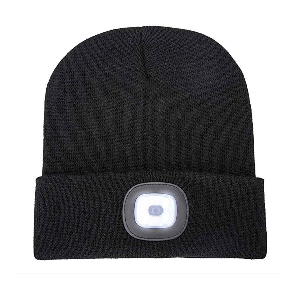 Eine schwarze Beanie-Mütze mit einem weißen Licht in der Mitte, zum Tragen auf dem Kopf.