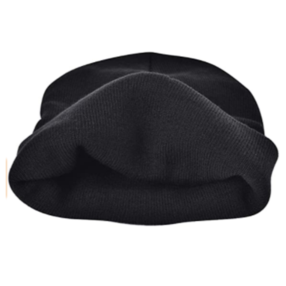 Eine schwarze Beanie-Mütze, von oben betrachtet, zeigt die Oberseite und die Seiten der Mütze.