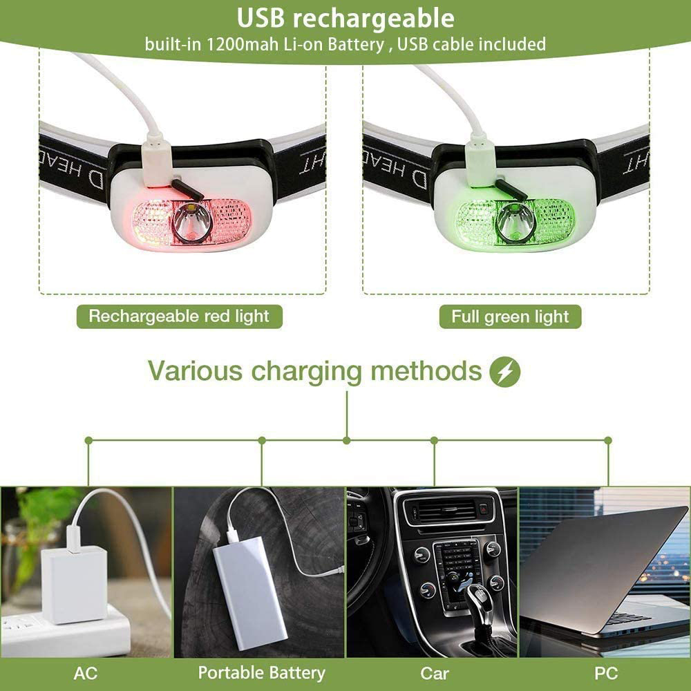 Eine Stirnlampe mit roten und grünen Lichtoptionen, mit verschiedenen Lademethoden: AC, tragbare Batterie, Auto, PC.