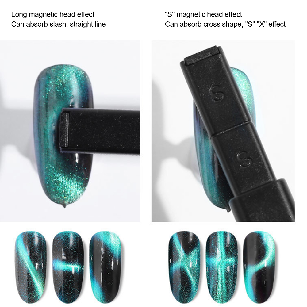 Nail-Art-Beispiele und ein Werkzeug. Text beschreibt lange und 'S'-Magnetkopf-Effekte auf Nagellack.