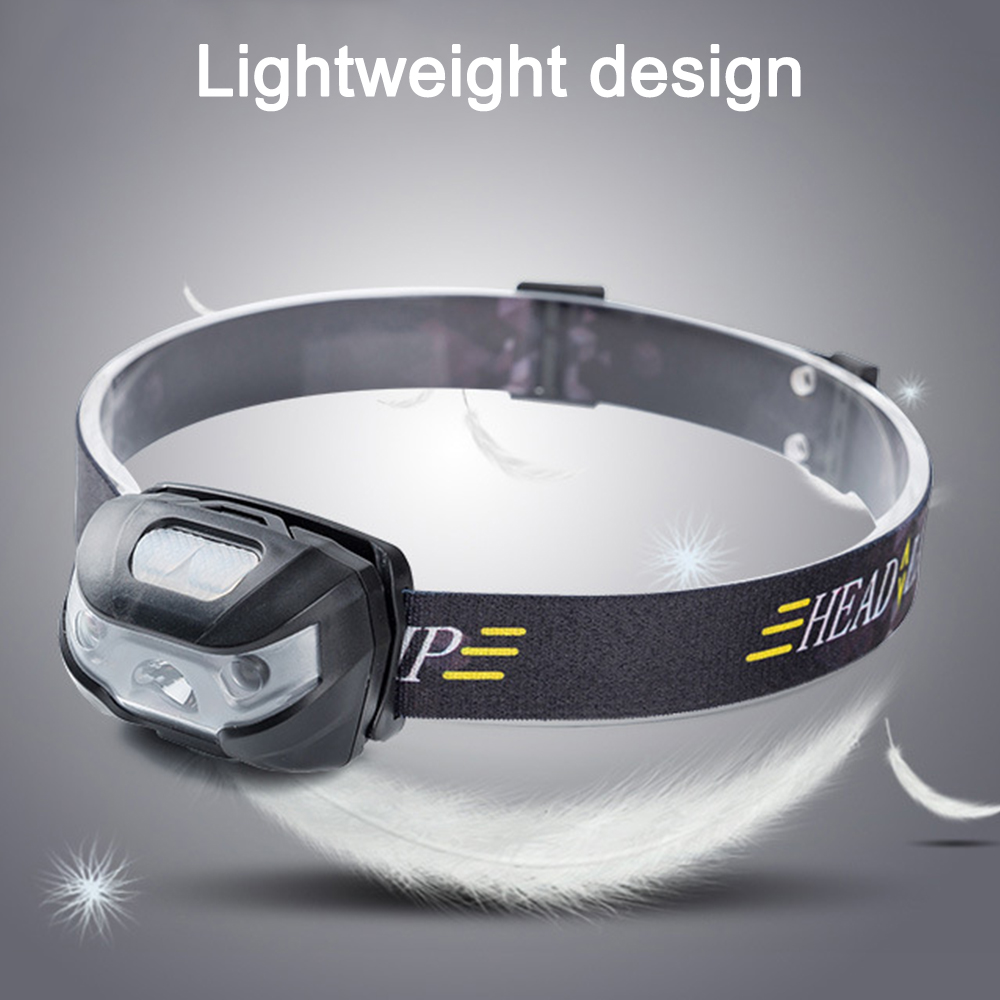 Eine schwarze Stirnlampe mit weißem Licht, umgeben von weißen Federn, mit den Worten 'Leichtes Design'.