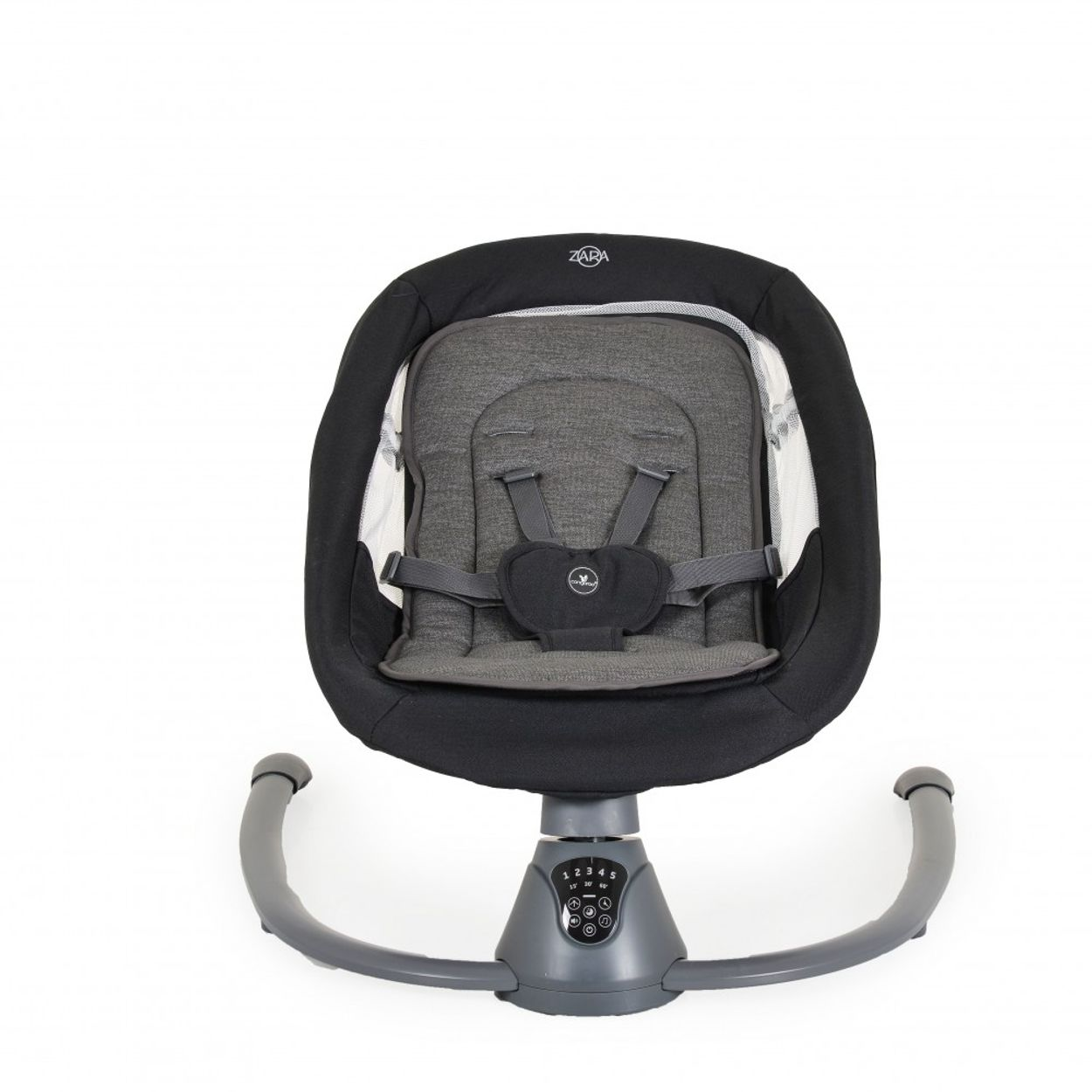 Eine dunkelgraue Babyschaukel mit grauem Sitz und schwarzem Rahmen. Die Schaukel steht vor weißem Hintergrund.