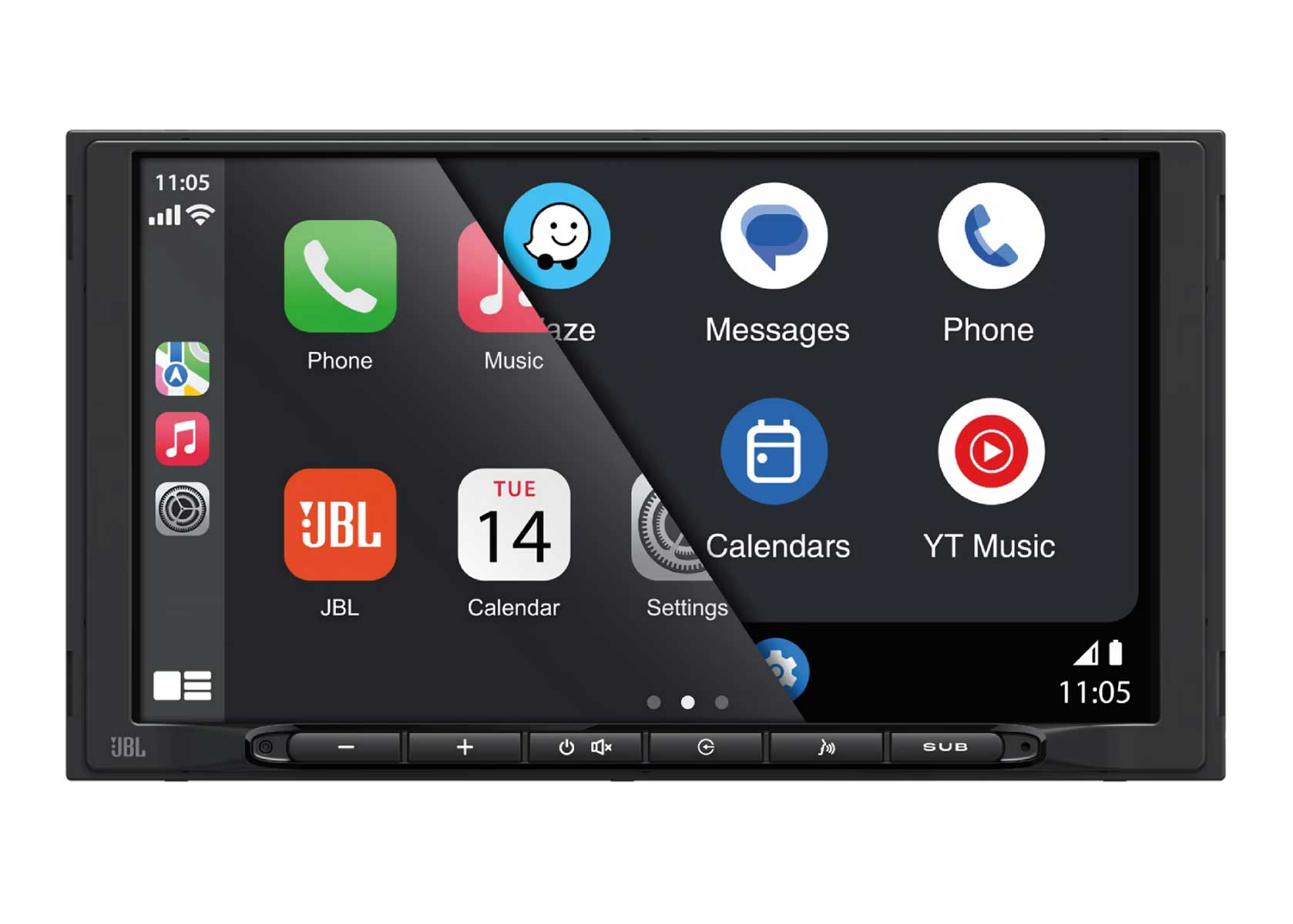 Autoradio-Bildschirm mit App-Symbolen. Telefon, Nachrichten, Kalender, YT Music und andere Apps sind sichtbar.