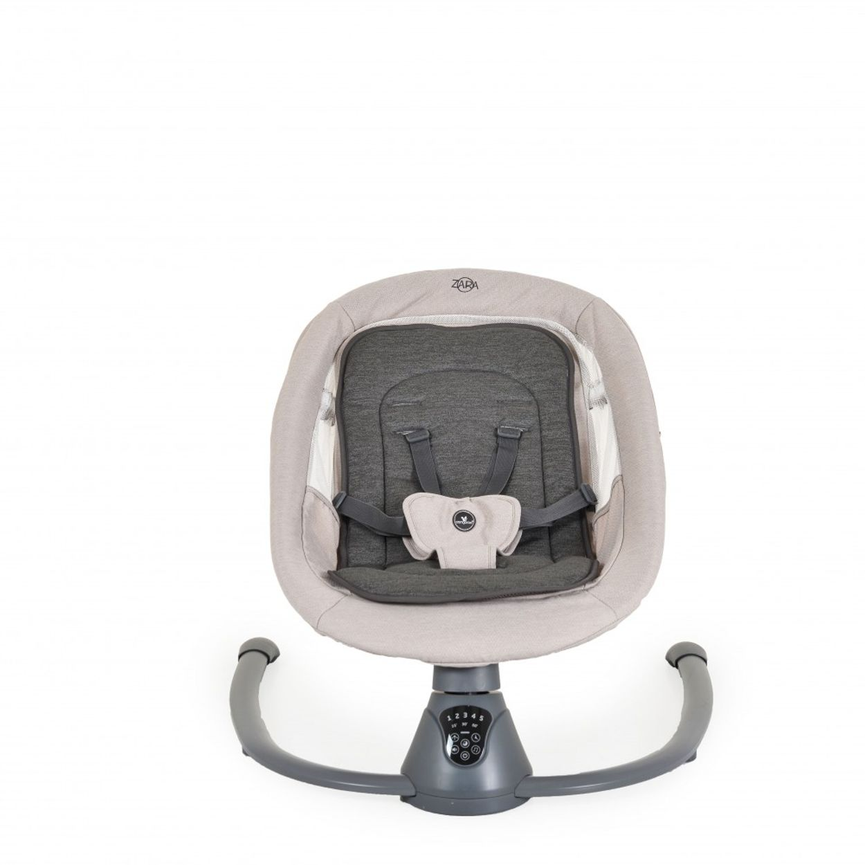Eine Babywippe in neutraler Farbe, mit einem grauen Sitz und einer gebogenen grauen Basis.
