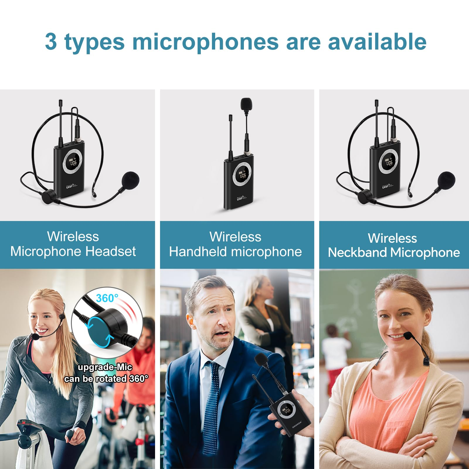 Drei kabellose Mikrofone: Headset, Handmikrofon und Nackenbügel, mit Personen, die sie benutzen.