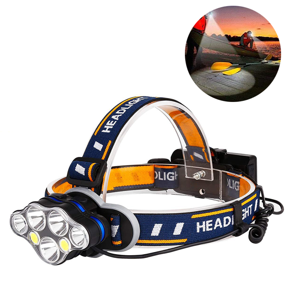 Stirnlampe mit Lichtstrahl auf einem See. Eine Person ist mit dem Kajak unterwegs. Die Stirnlampe ist auf einem Stirnband.