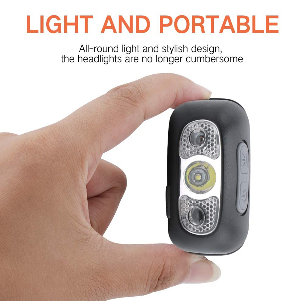 Eine Hand hält eine schwarze Stirnlampe. Der Text oben lautet 'LIGHT AND PORTABLE'. Der Hintergrund ist weiß.